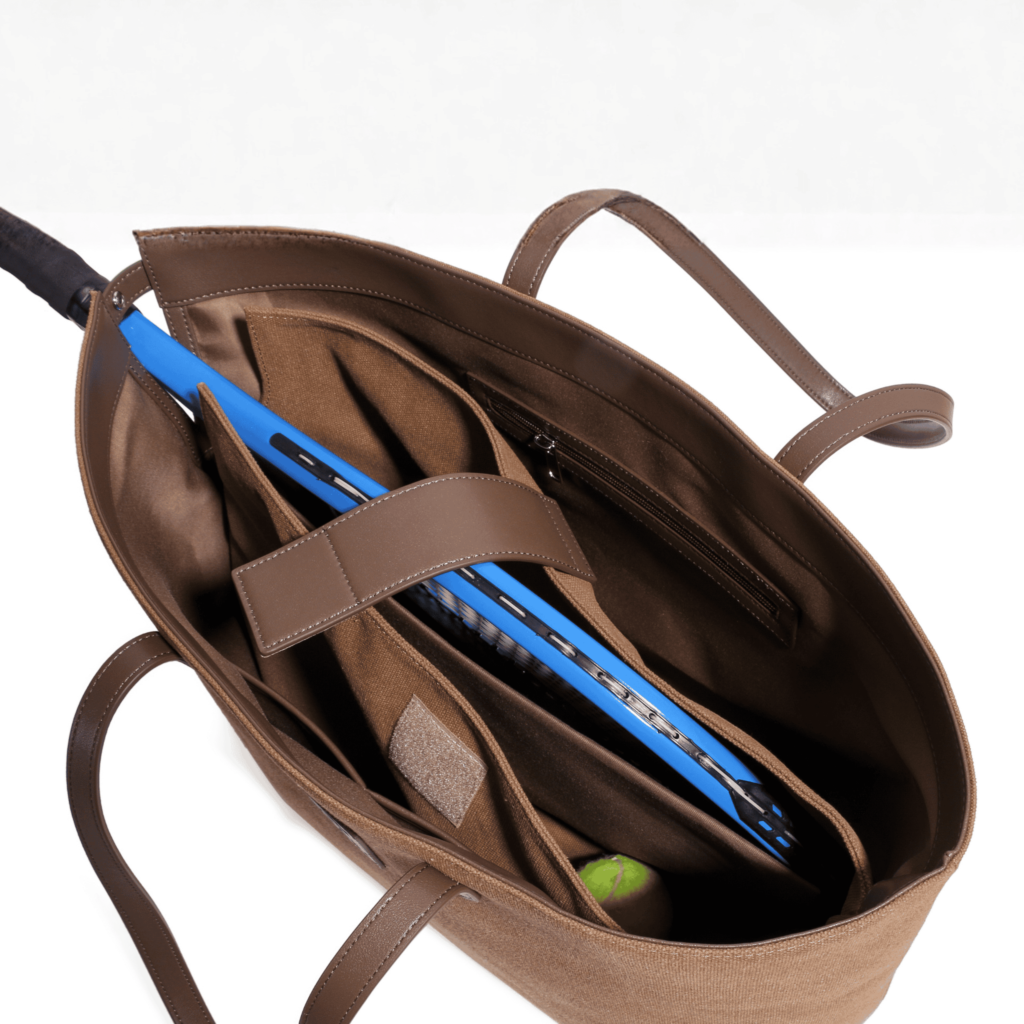 Elegant tennis tote in brown canvas with discreet racket pocket