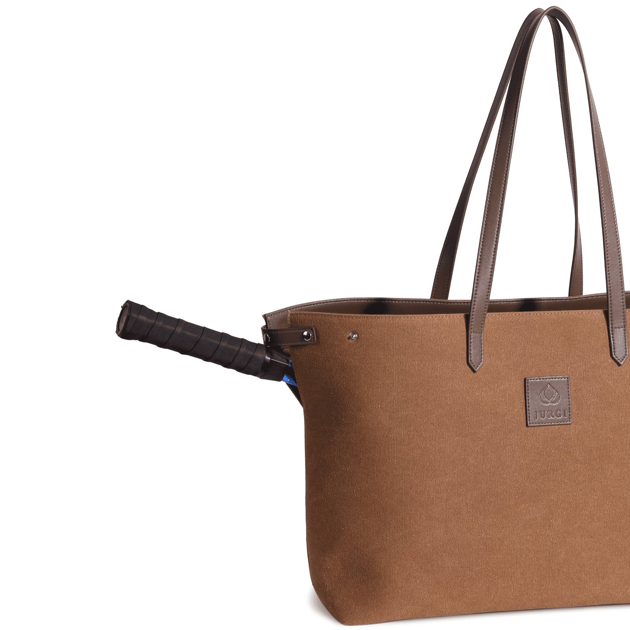 Brown canvas and leather tennis bag designed for everyday use