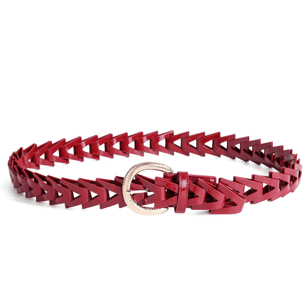 Close-up of red patent triangle-loop belt with gold hardware