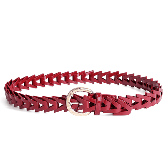 Close-up of red patent triangle-loop belt with gold hardware
