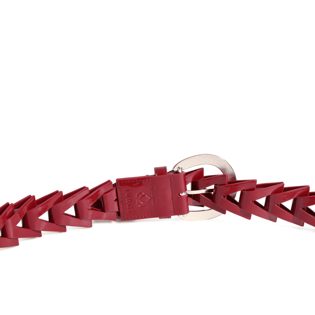 Red patent leather belt with intricate triangle weaving design