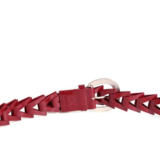 Red patent leather belt with intricate triangle weaving design