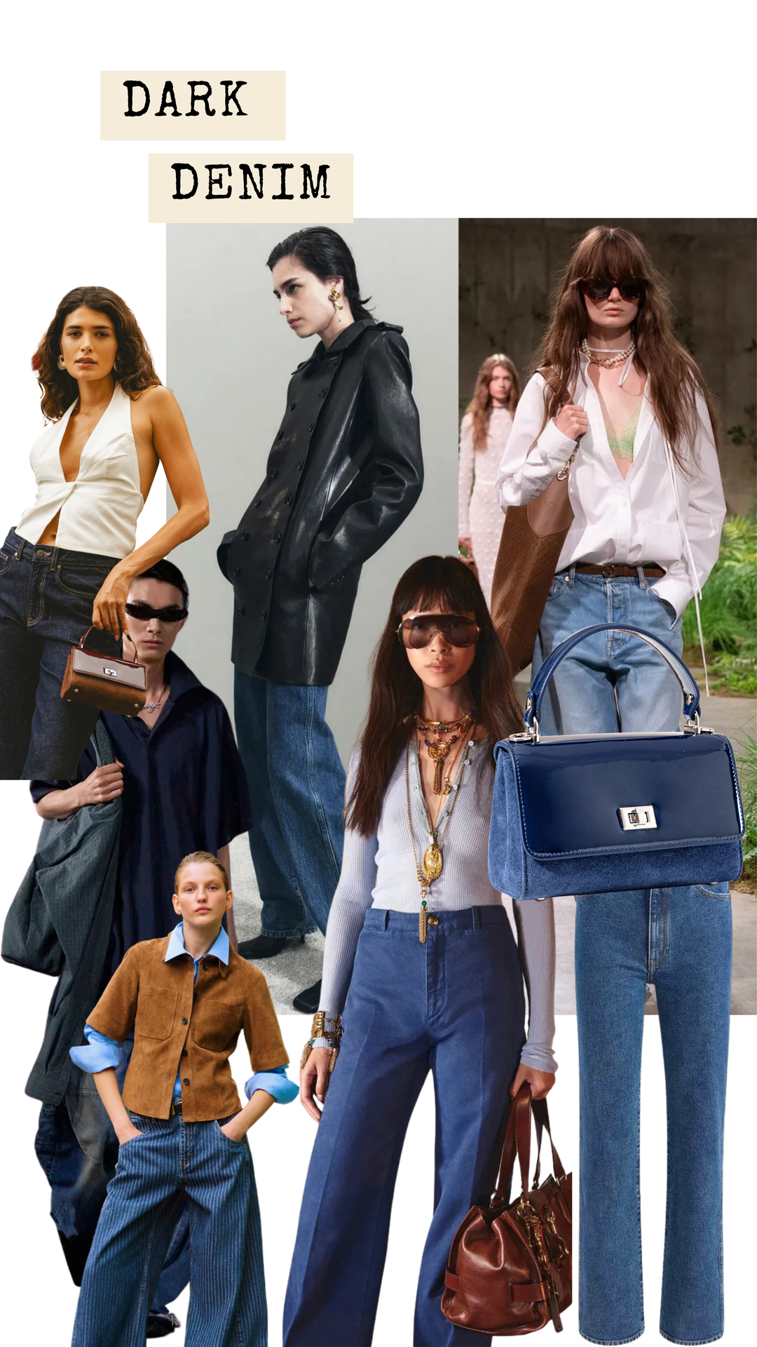 Collage of people wearing dark denim clothing 