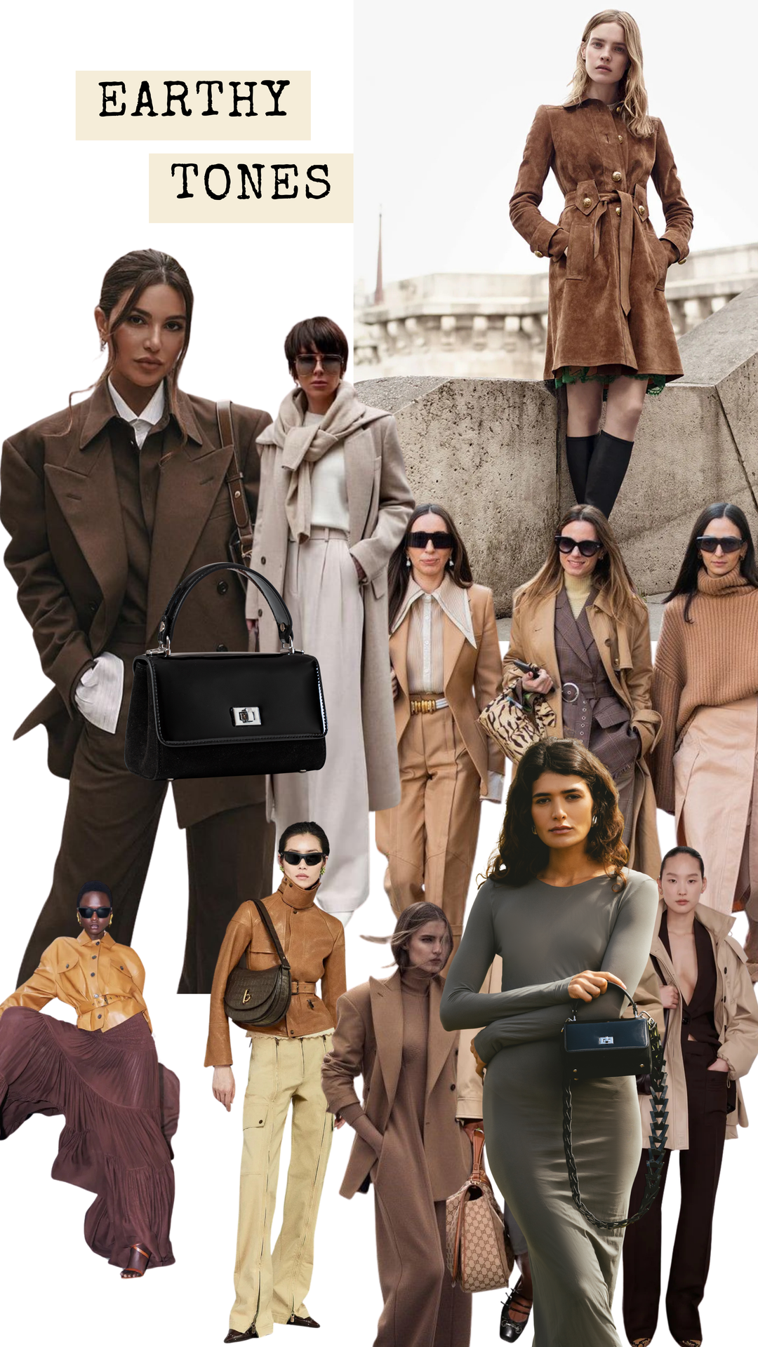 Collage of women in earthy-toned outfits 