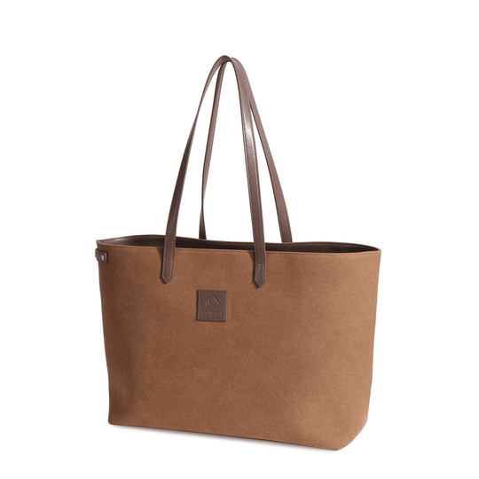 Side view of brown tennis tote bag with racket inserted