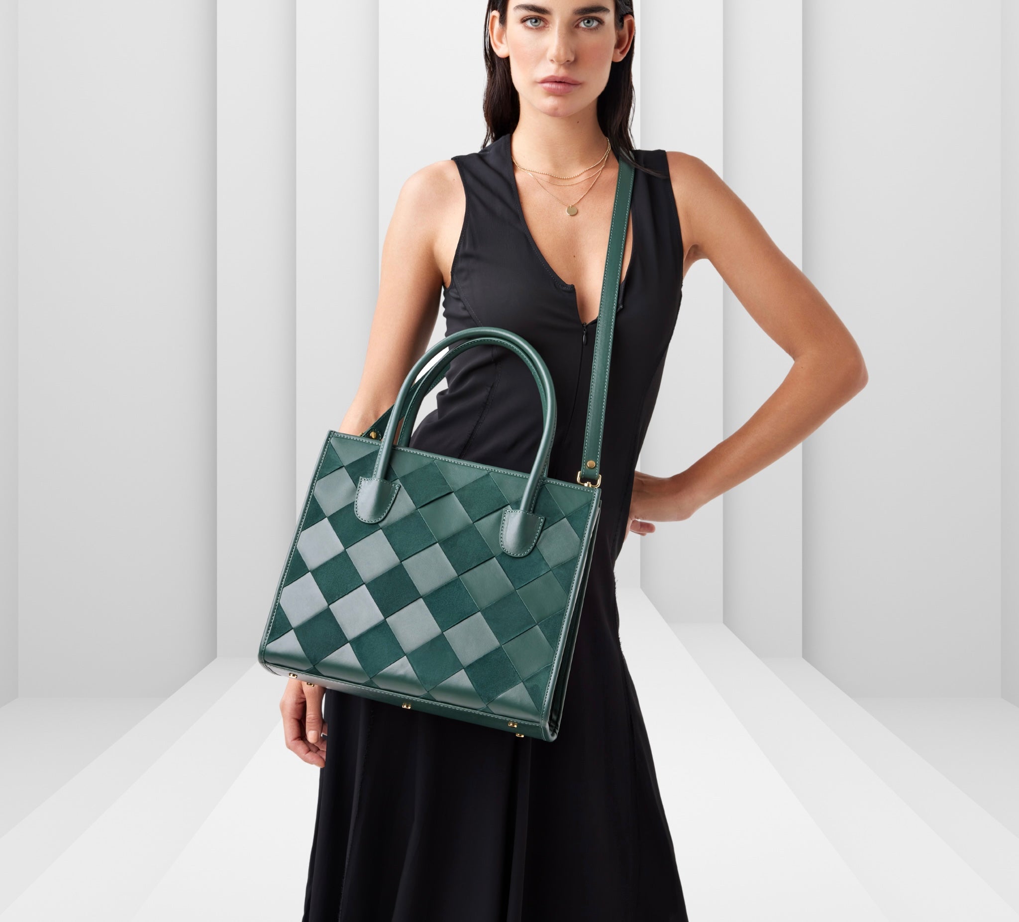 Woven green suede and leather bag