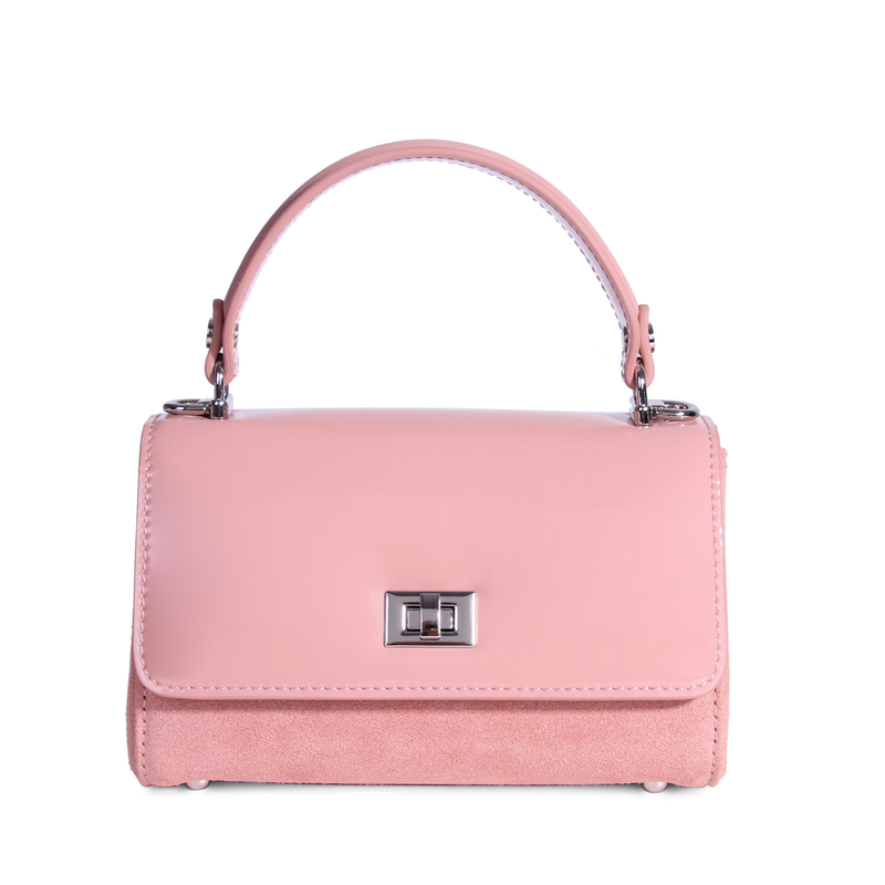 JURGI rose handbag detail – silver clasp and suede craftsmanship