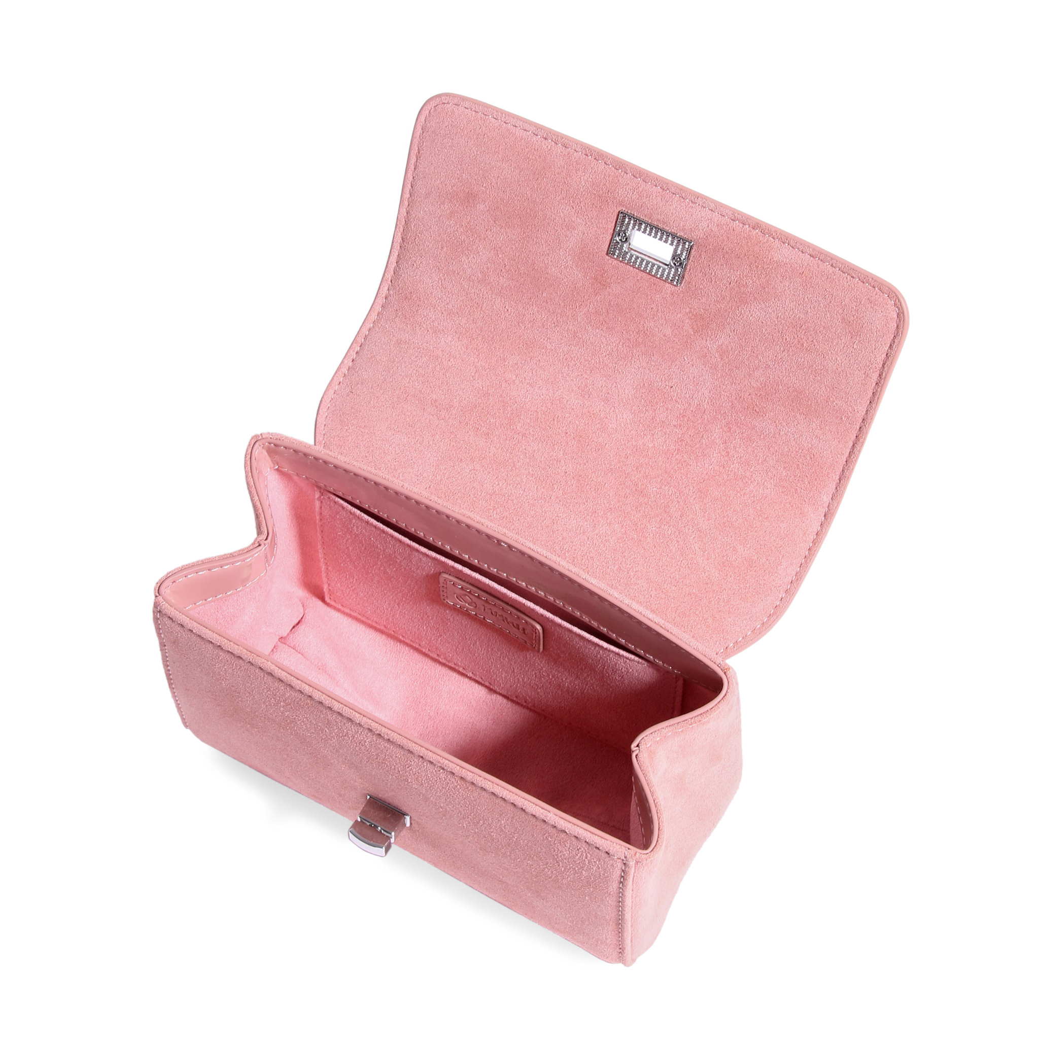 Rose patent leather JURGI Lili Bag with silver clasp on white background