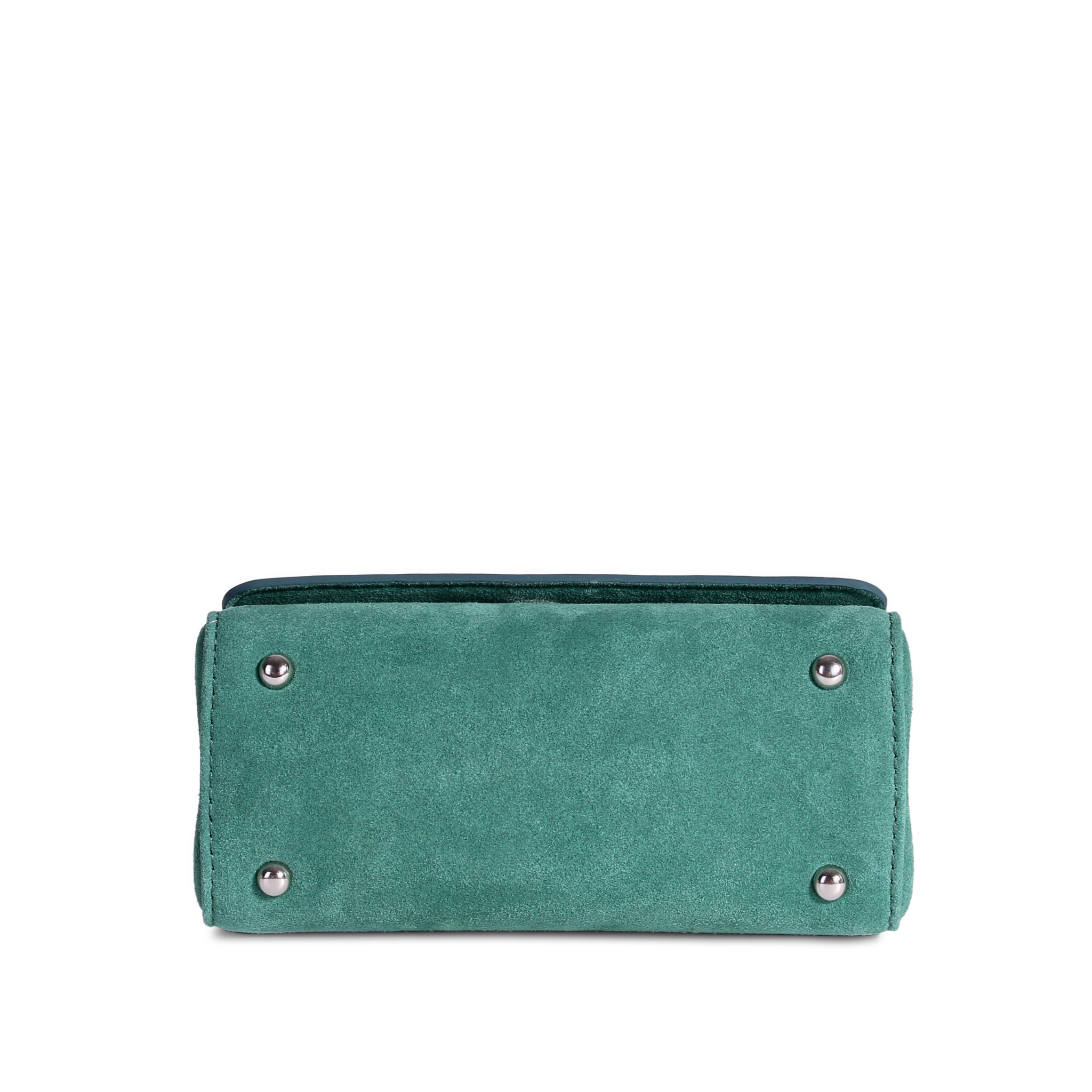 JURGI emerald handbag detail – silver clasp and rich green suede