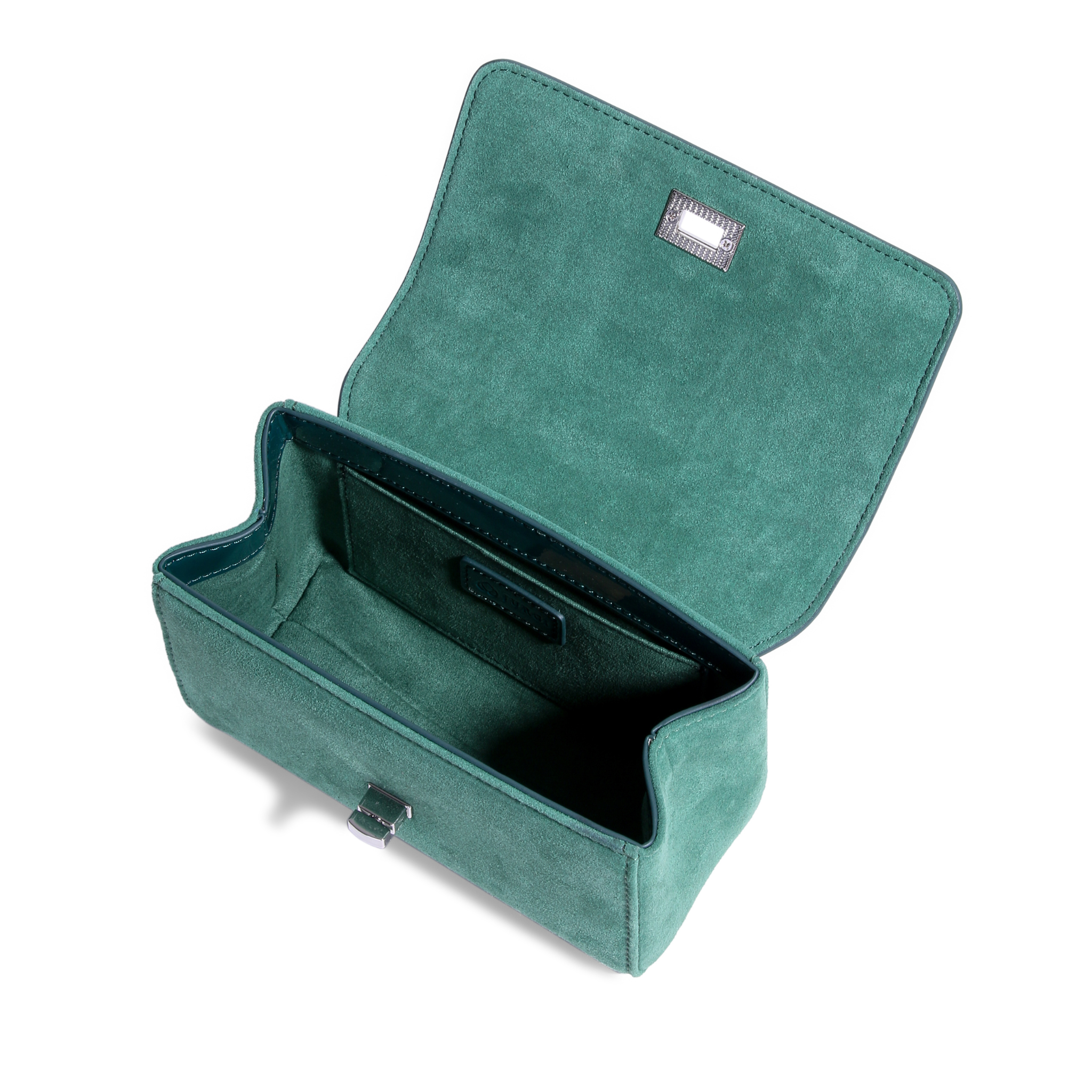 Emerald patent leather JURGI Lili Bag with silver clasp on white background