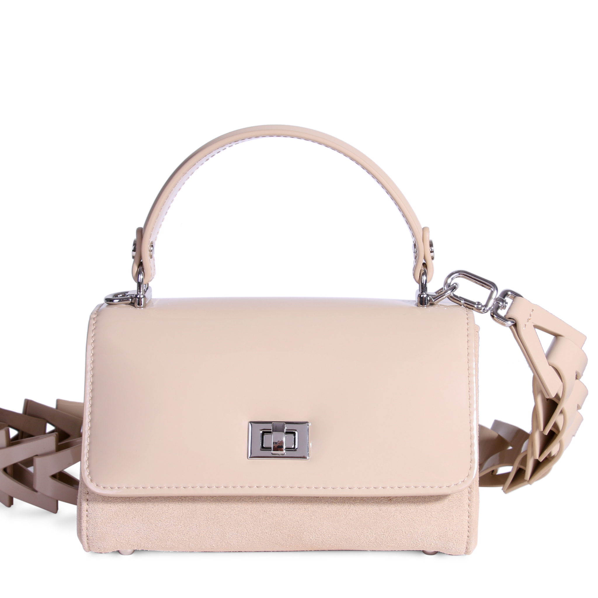 JURGI Lili Bag in sand patent leather and suede – understated luxury handbag
