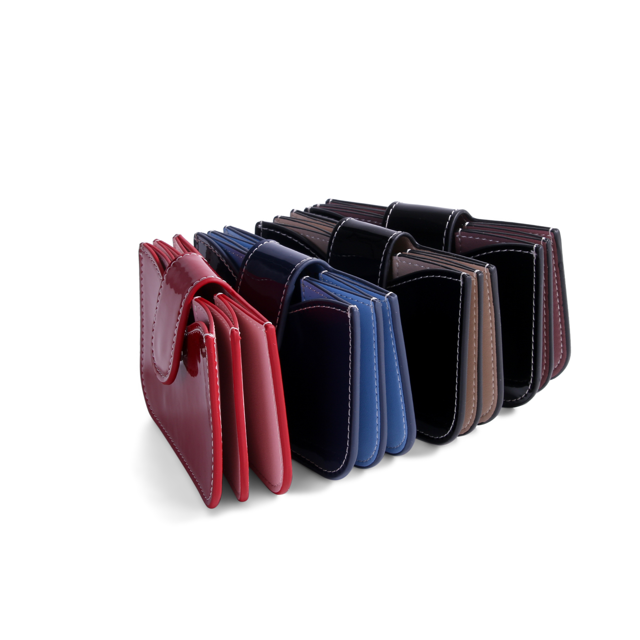 Red patent leather accordion wallet with clean stitching and a minimalist, structured design.