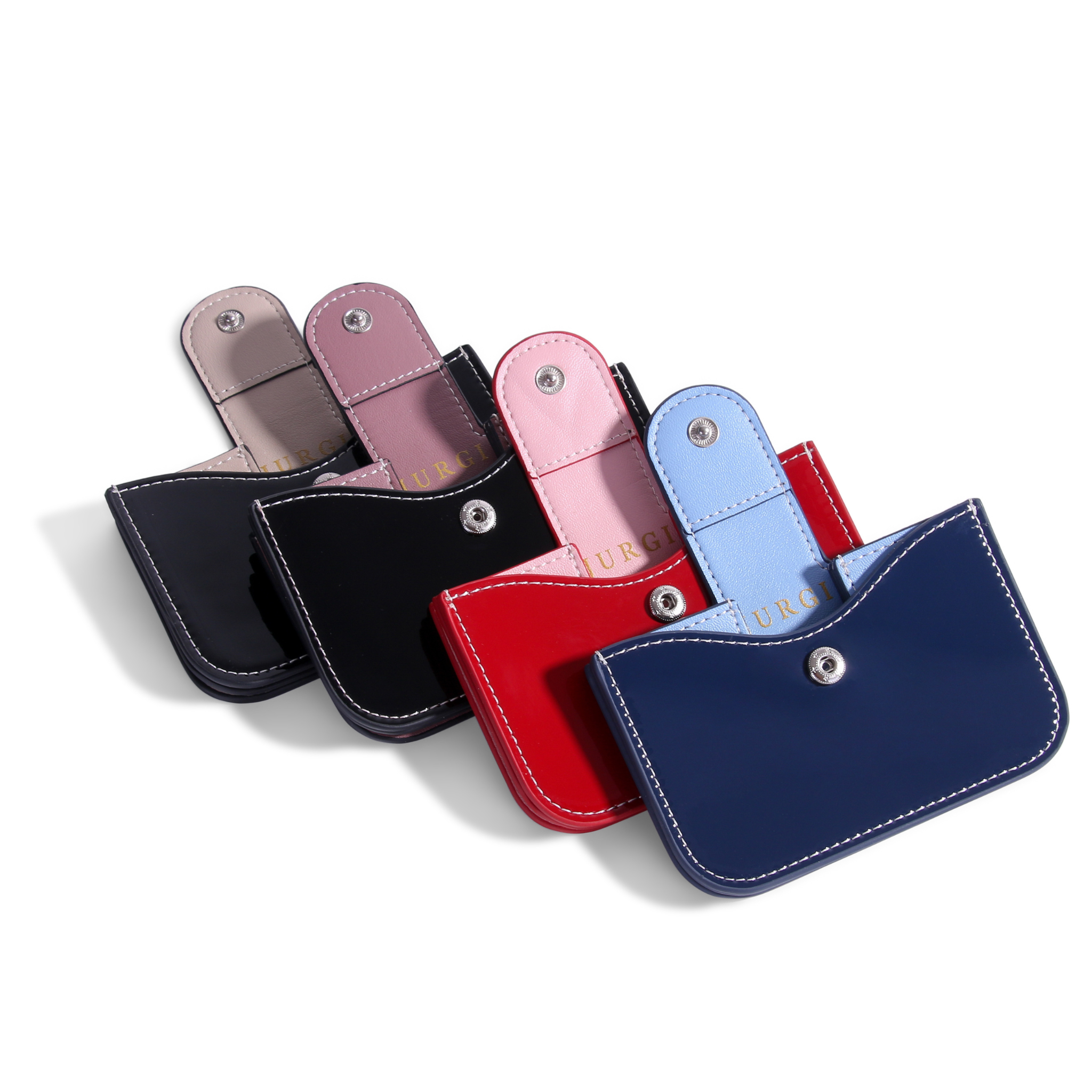 Red patent leather accordion wallet with silver snap closure and white stitching detailing.