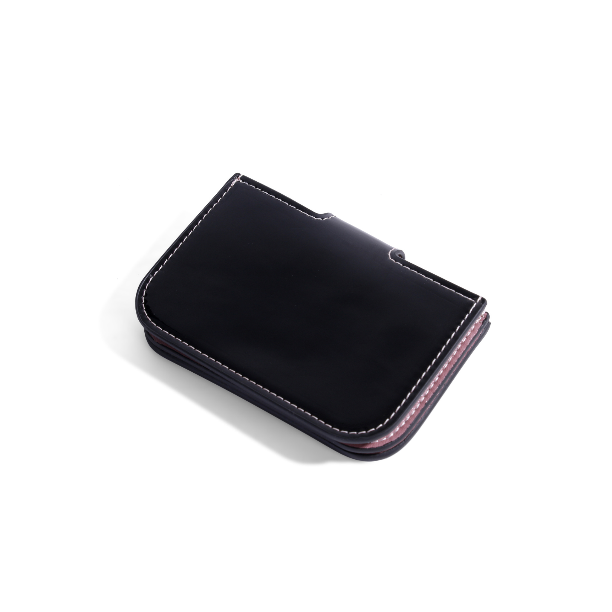 Black and dark purple patent leather accordion wallet with white stitching and a sleek, minimalist design.