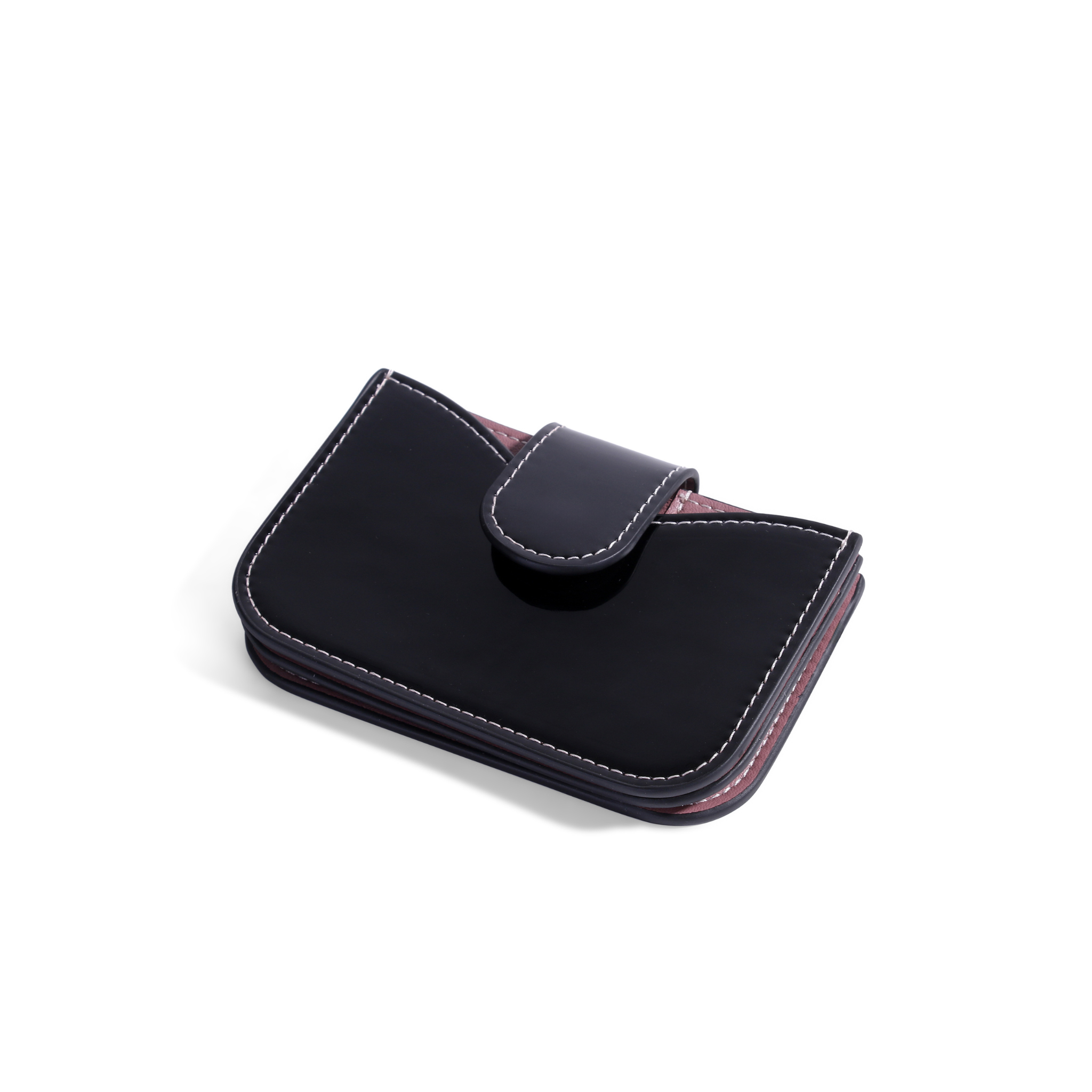 Black patent leather accordion wallet with light purple edges and white stitching, featuring a snap closure tab.