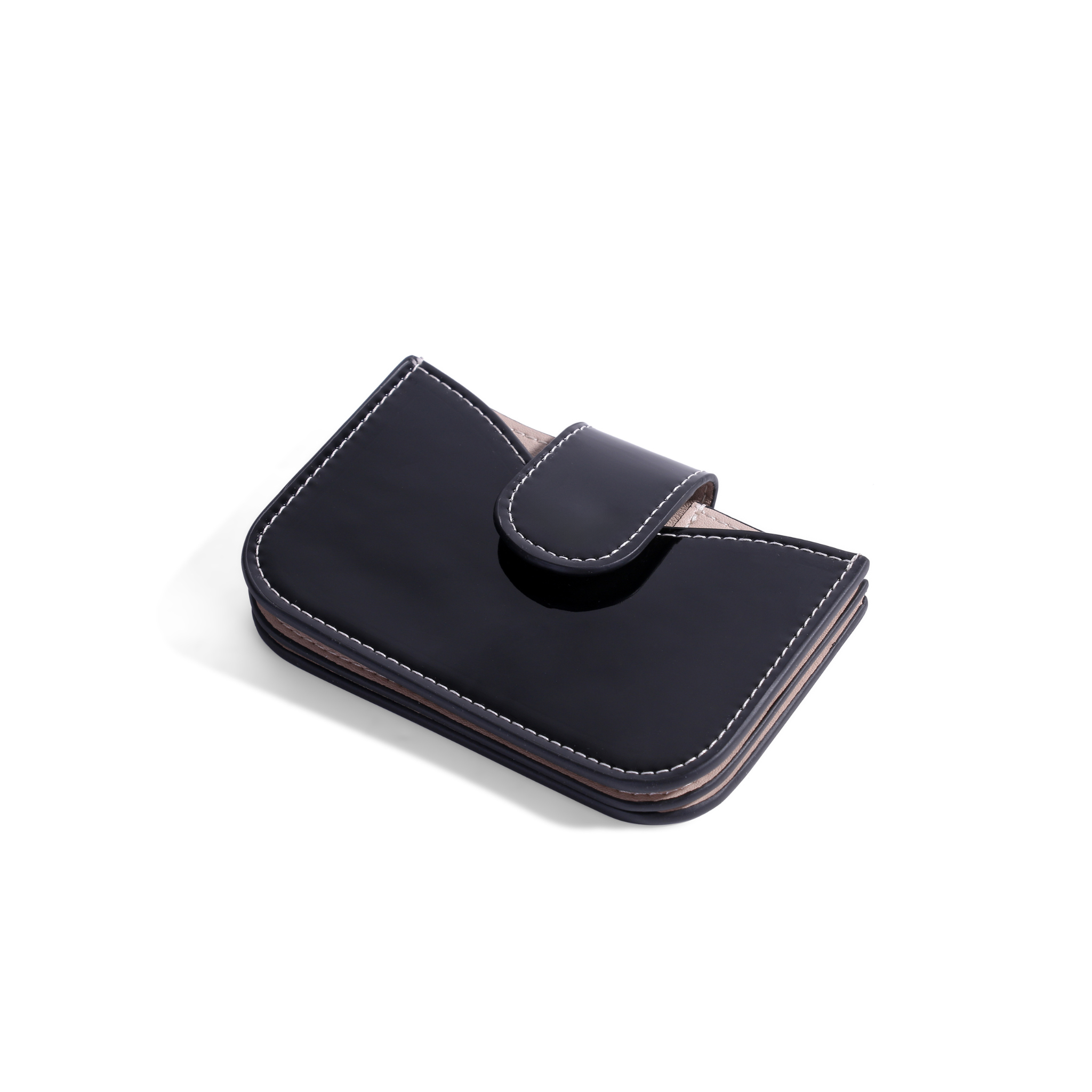 Black and light purple patent leather accordion wallet with a snap closure and white contrast stitching.