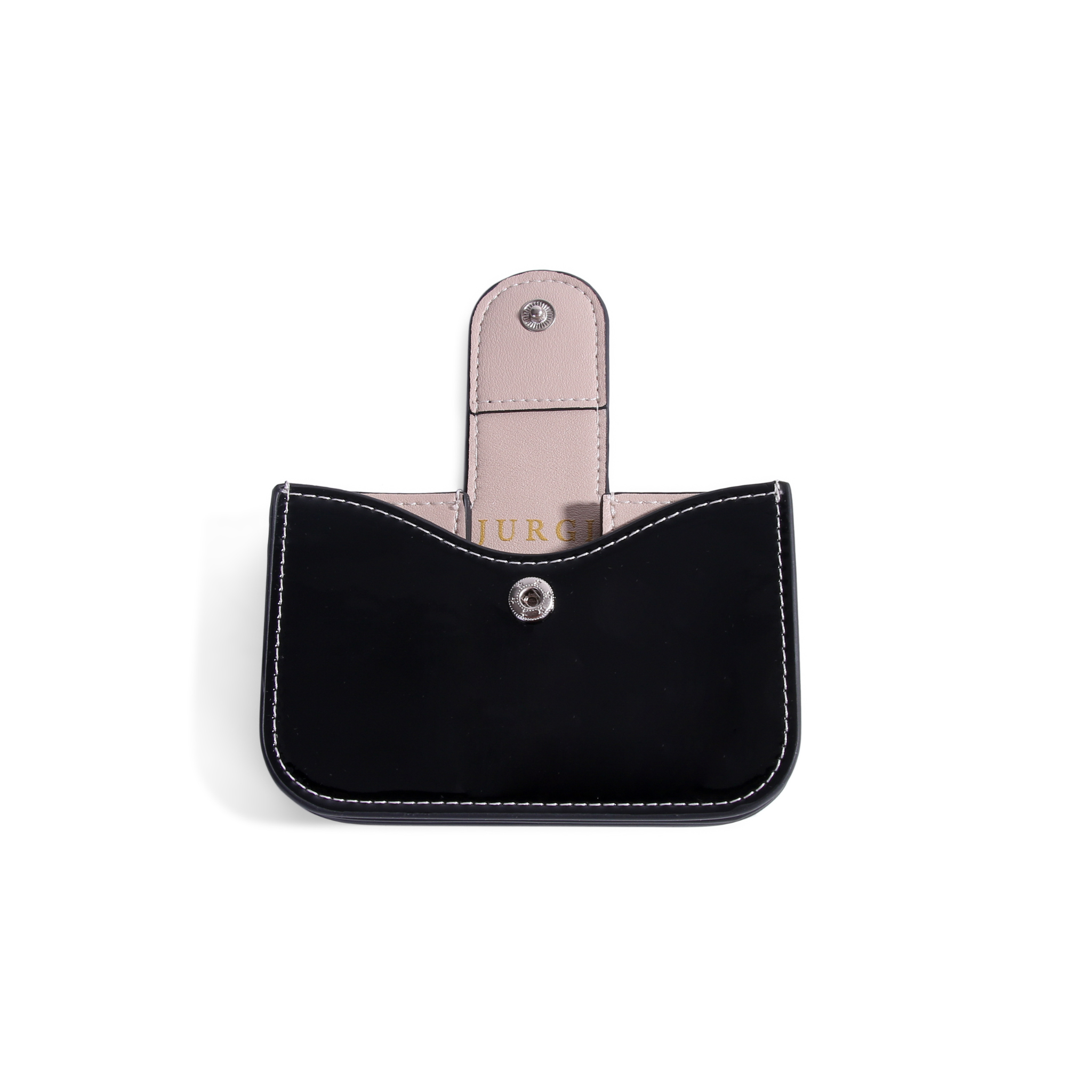 Black patent leather accordion wallet with light purple interior and silver snap button closure