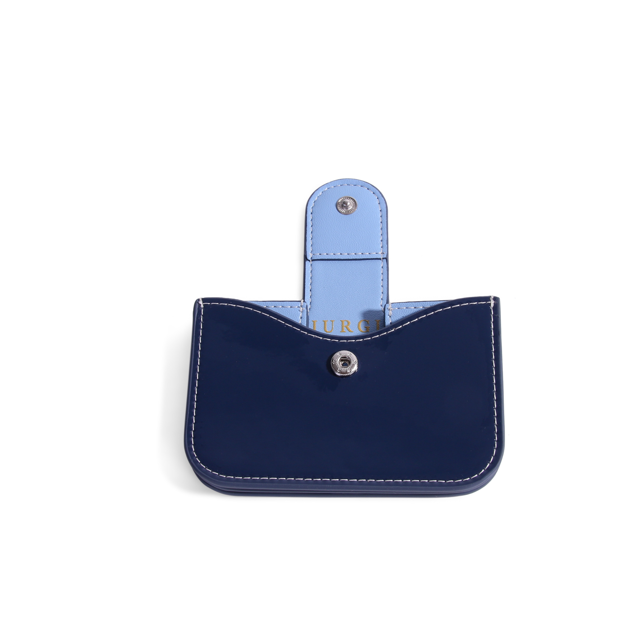 Navy patent leather accordion wallet with light blue interior flap, silver snap closure, and white stitching detail.
