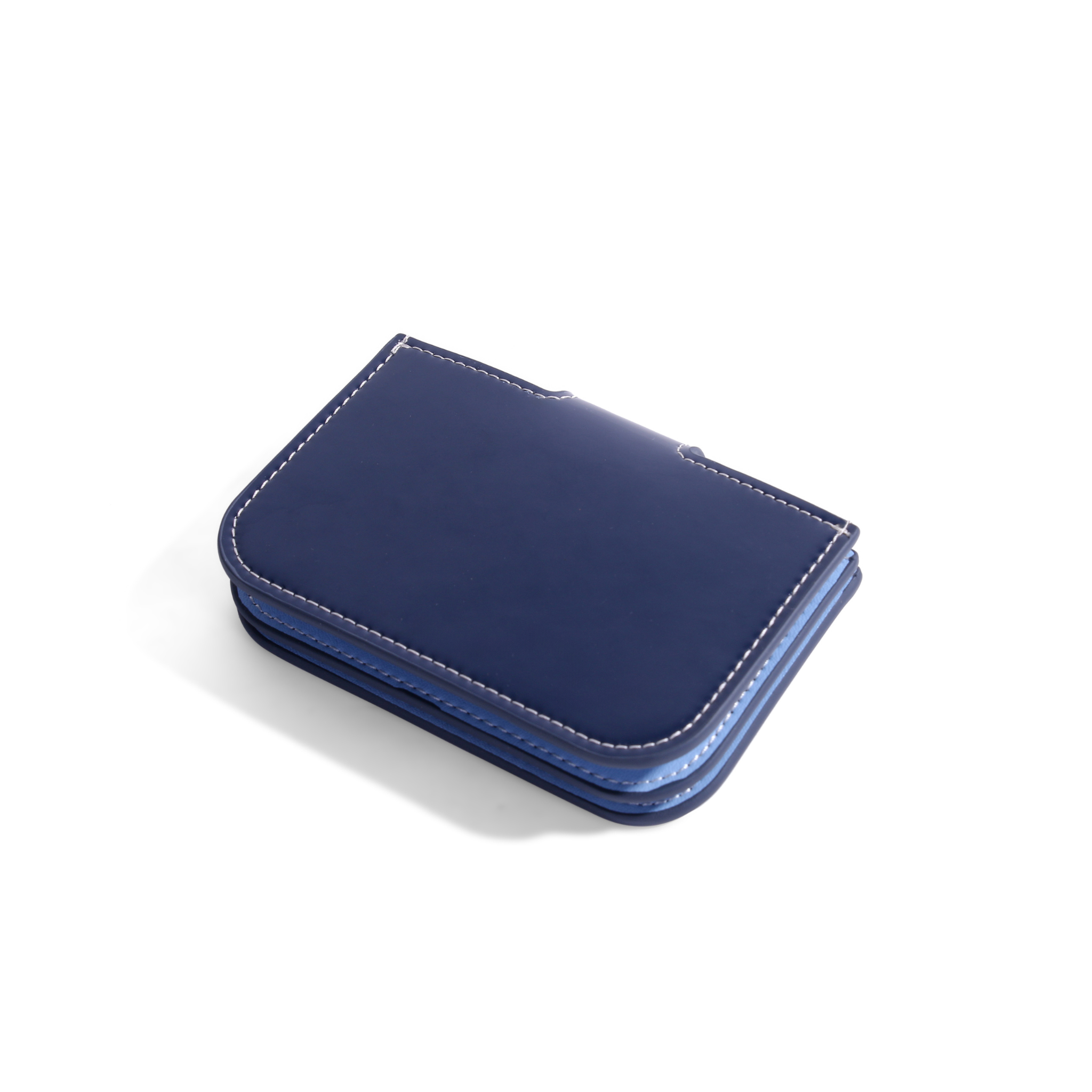 Navy patent leather accordion wallet with rounded edges and white contrast stitching, minimalist and polished design.