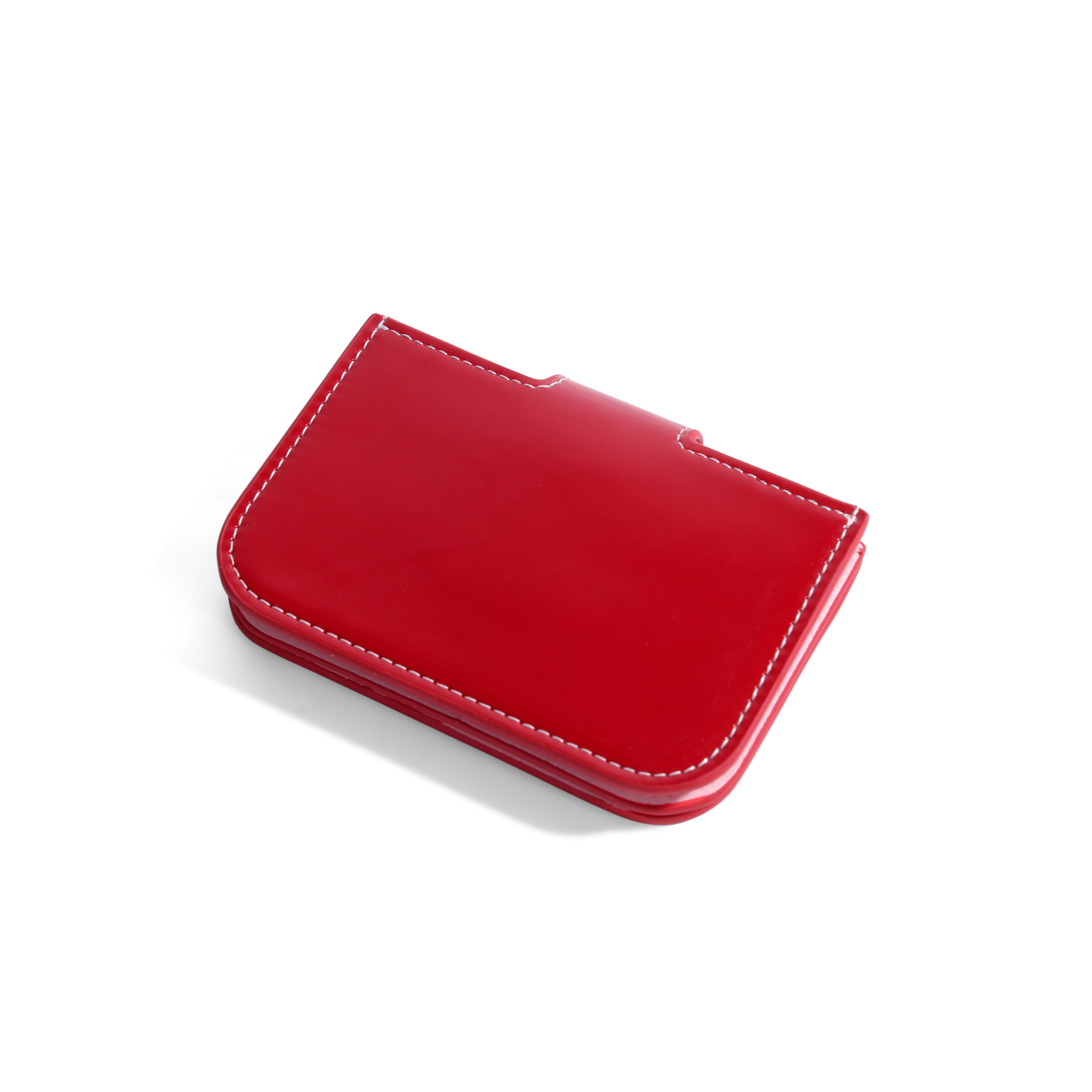 Red patent leather accordion wallet with white stitching and a smooth, minimalist design.