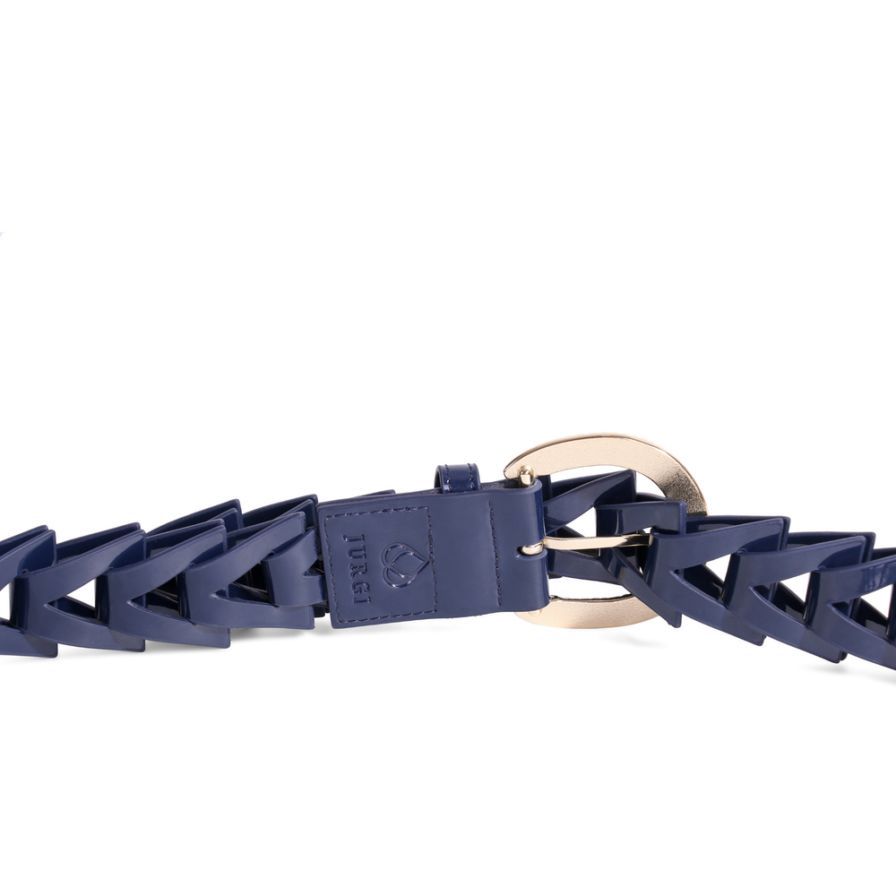 Glossy navy triangle buckle belt shown flat