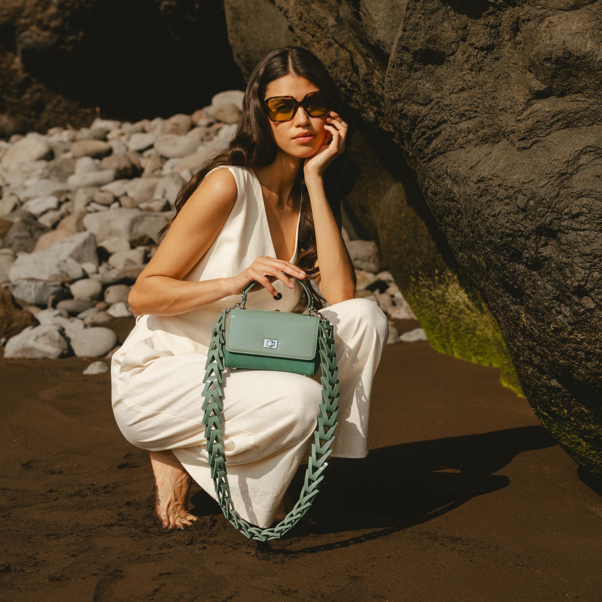 Lili Bag Mint Patent & Suede with Sculptural Strap