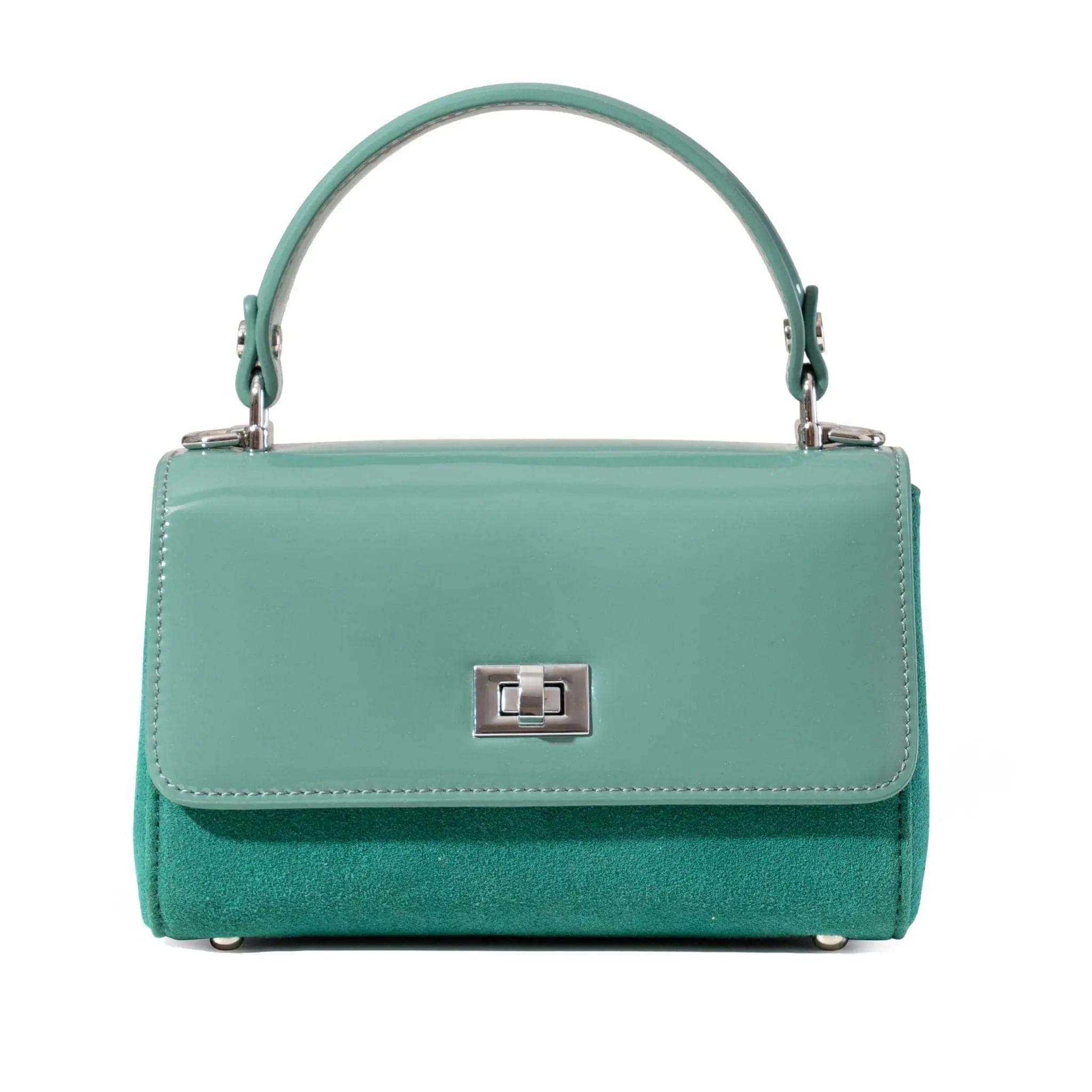 Mint color handbag with a silver clasp on a white background, showing details of artisans handbags of leather and suede
