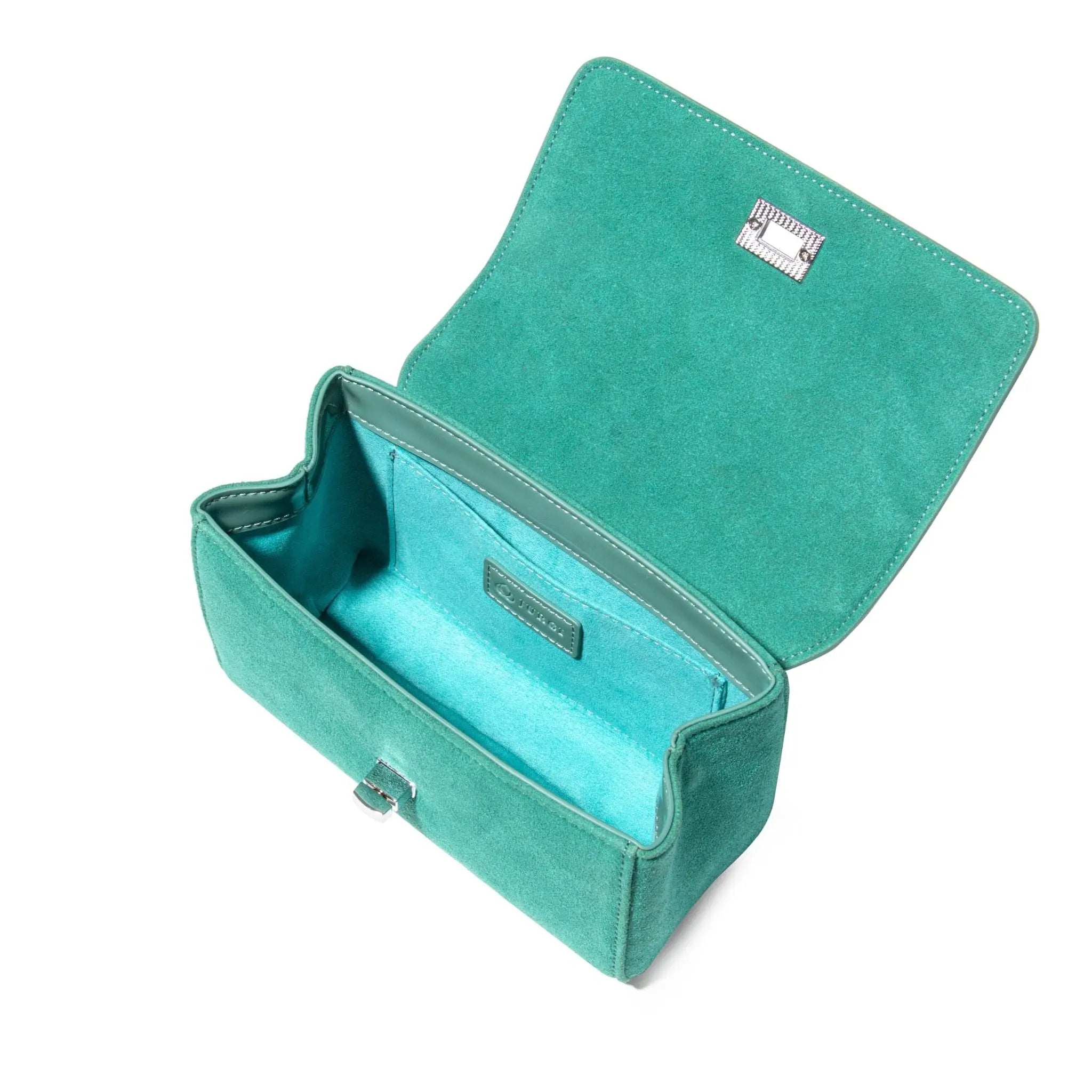 open mint color bag in studio light, open with cotton lining inside