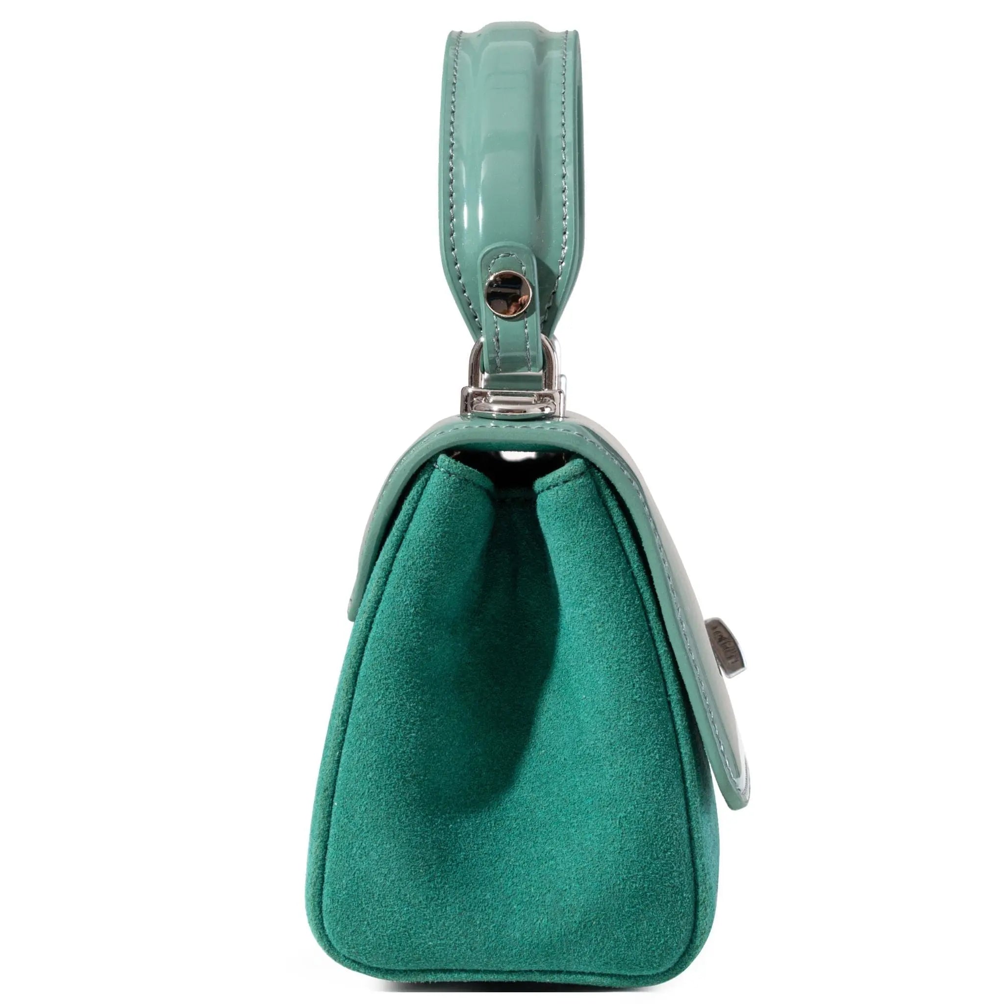 Mint handbag with a strap on a white background from suede and leather showing side
