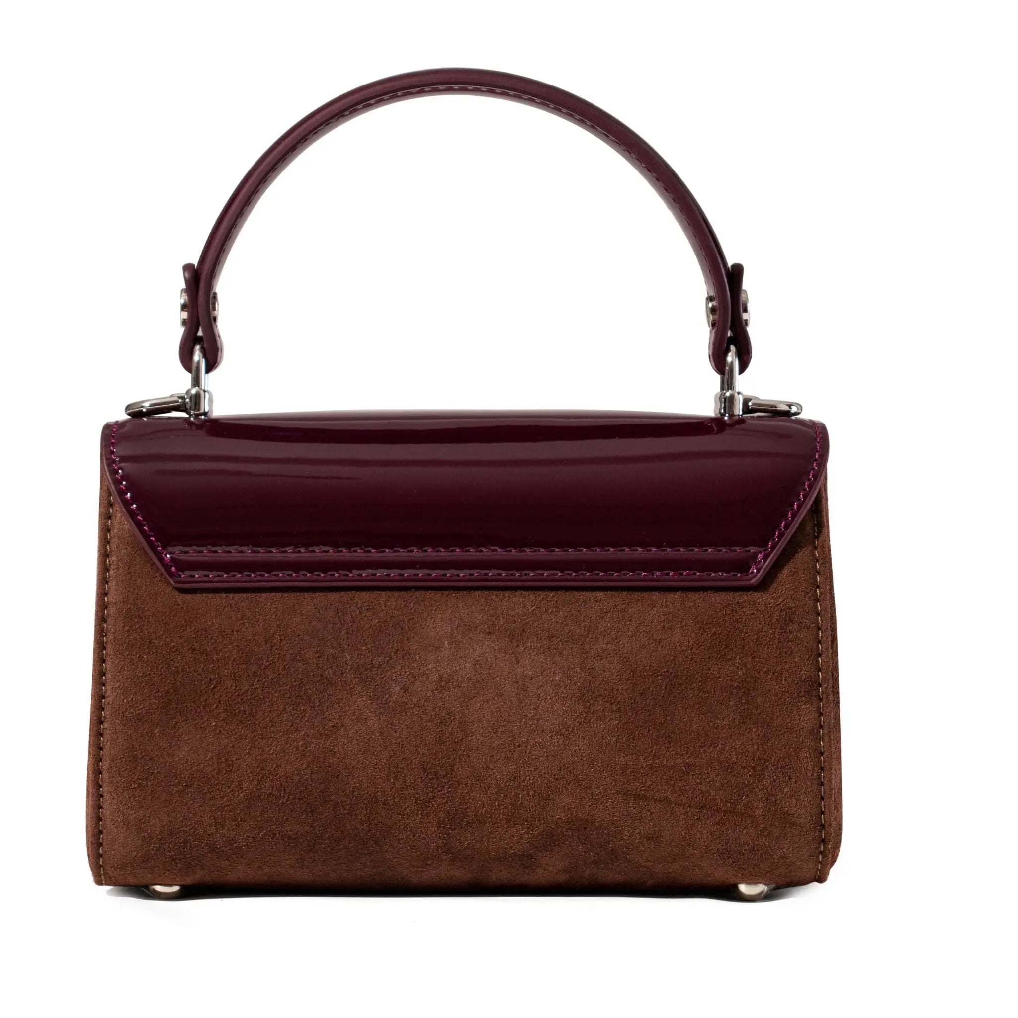 Brown handbag with a burgundy top  patent leather