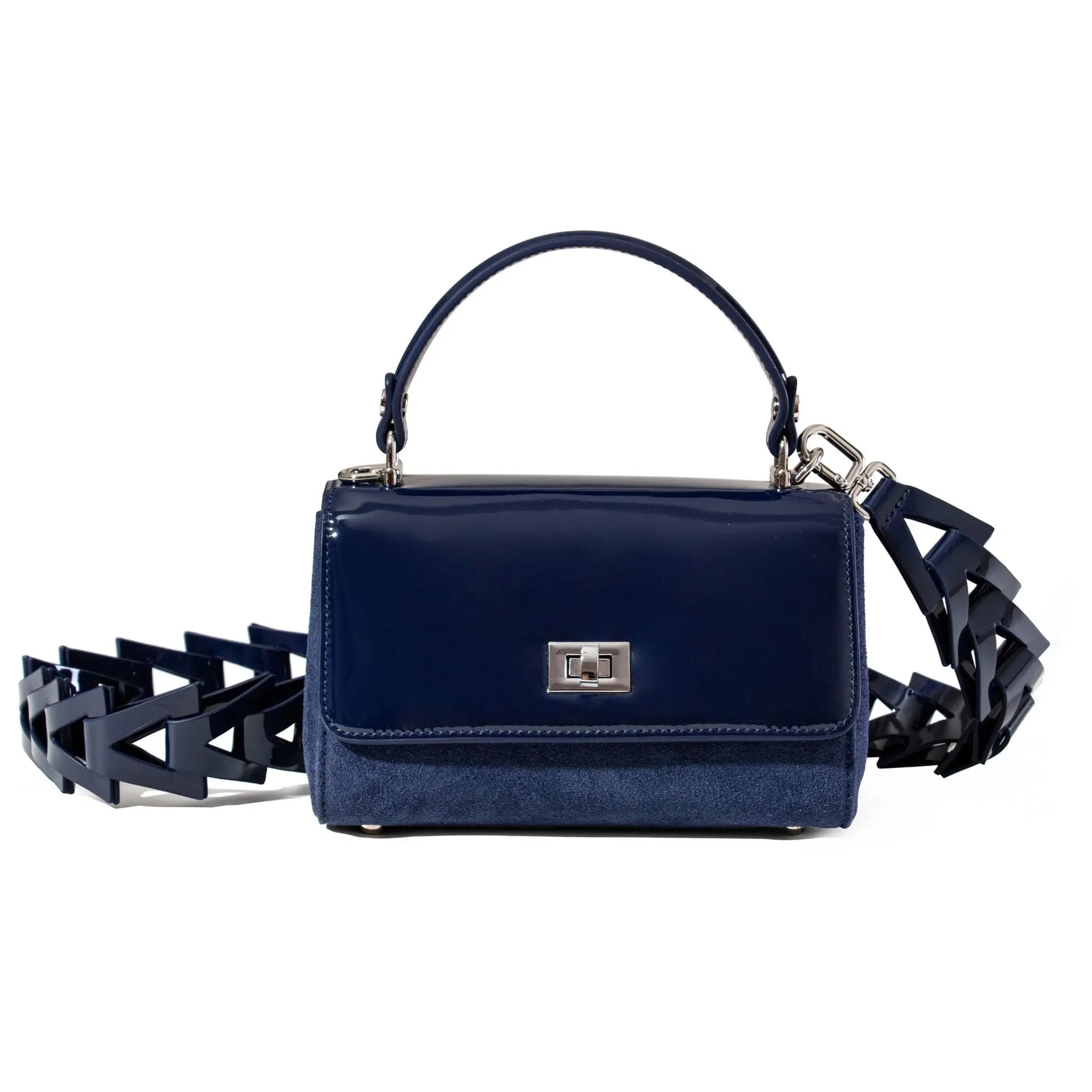 Navy blue handbag with a unique strap design on a white background