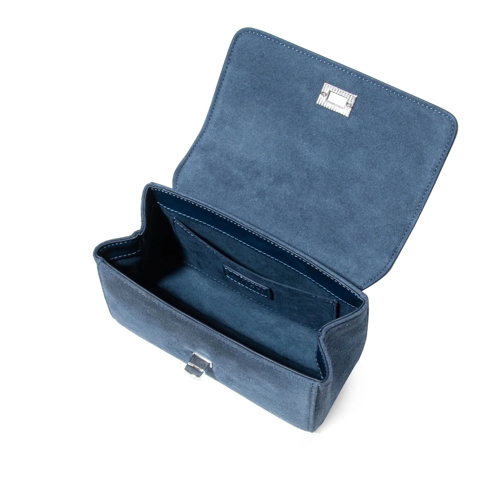 Blue fabric chandbag with an open top on a white background