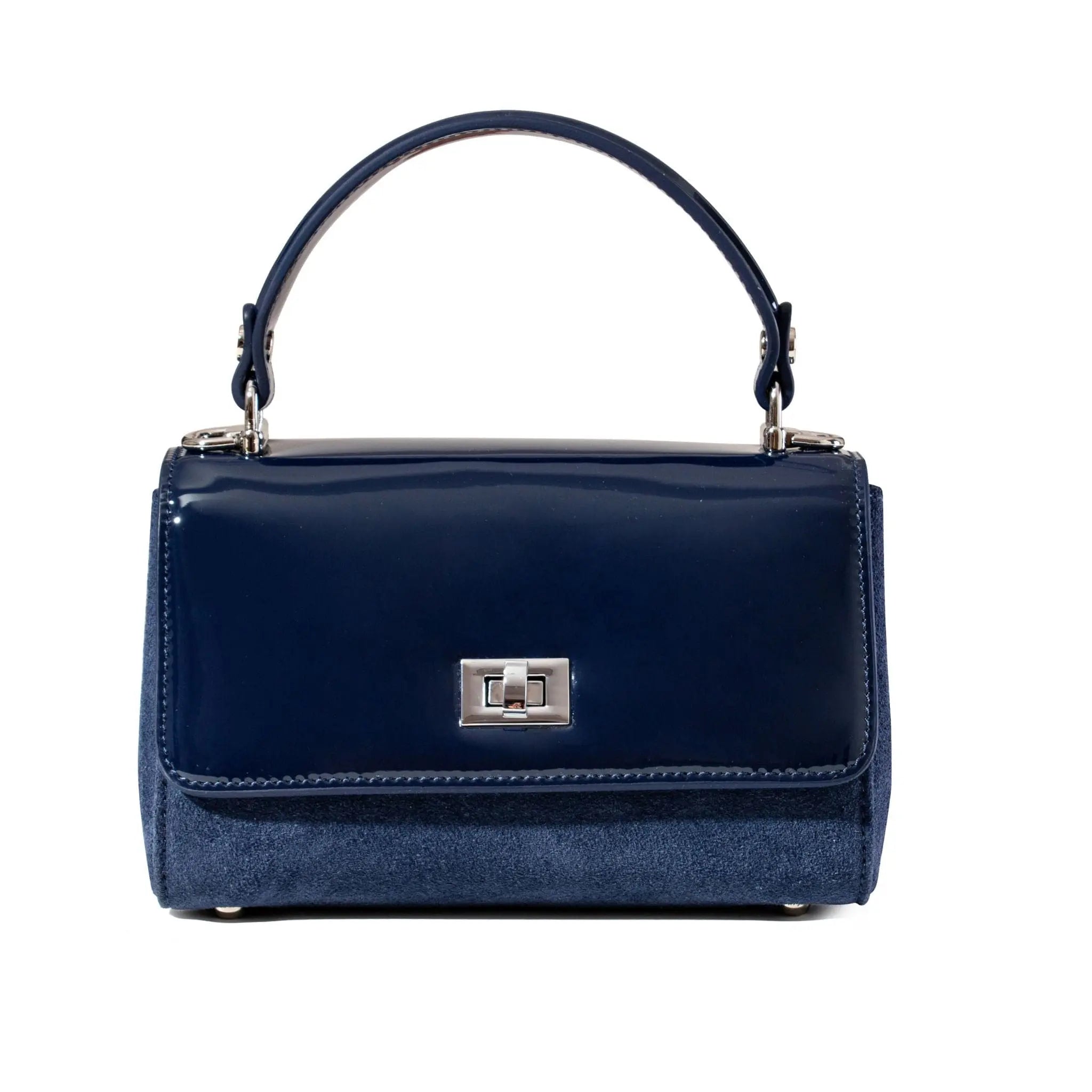 Navy blue handbag with a silver clasp on a white background from suede and leather