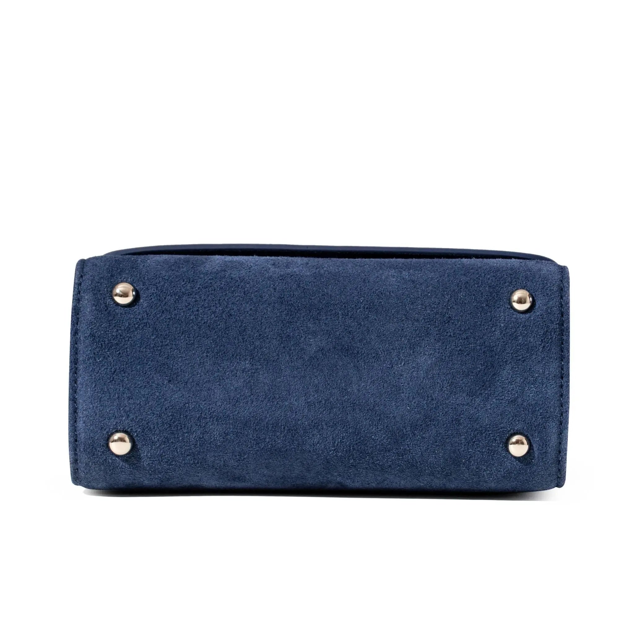 Blue handbag with gold studs on a white background