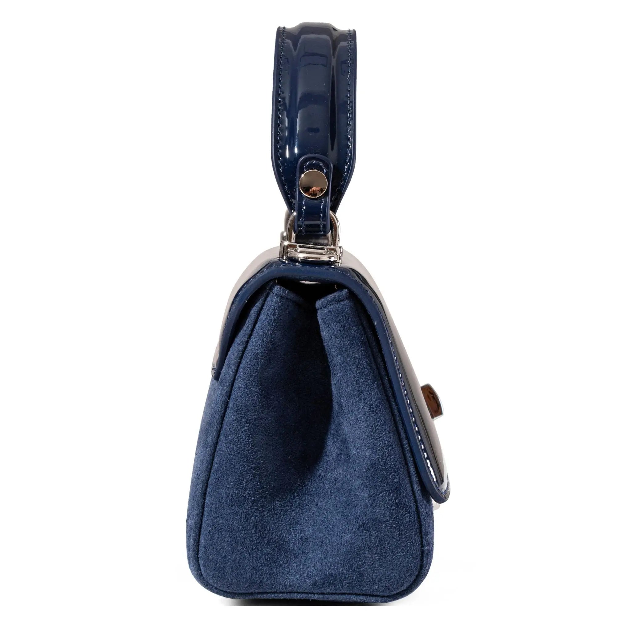Blue handbag with a shiny handle on a white background