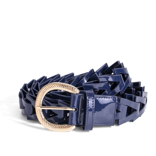 Minimalist navy belt featuring sculpted triangle loop