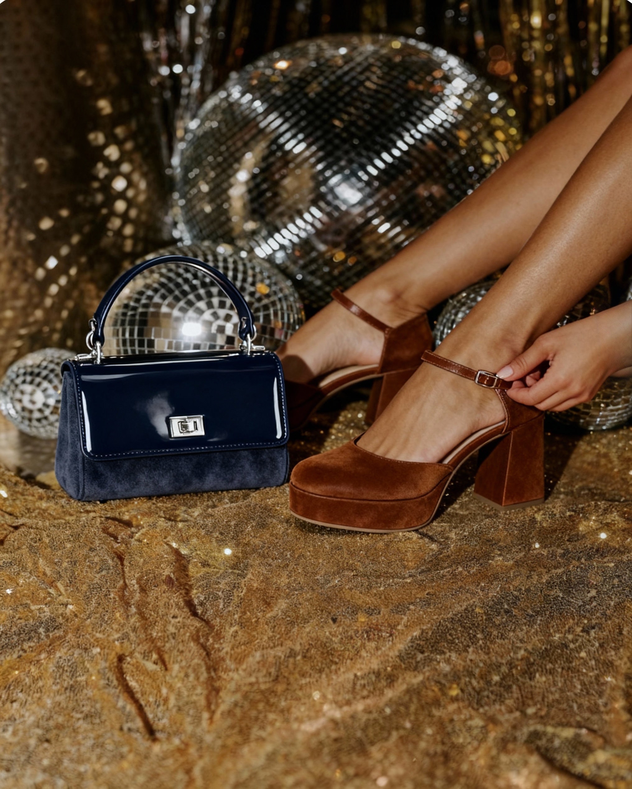 Black handbag next to brown high-heeled shoes on a glittery surface with disco balls in the background