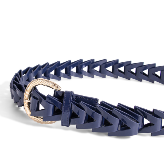 Navy patent leather belt with modern gold hardware