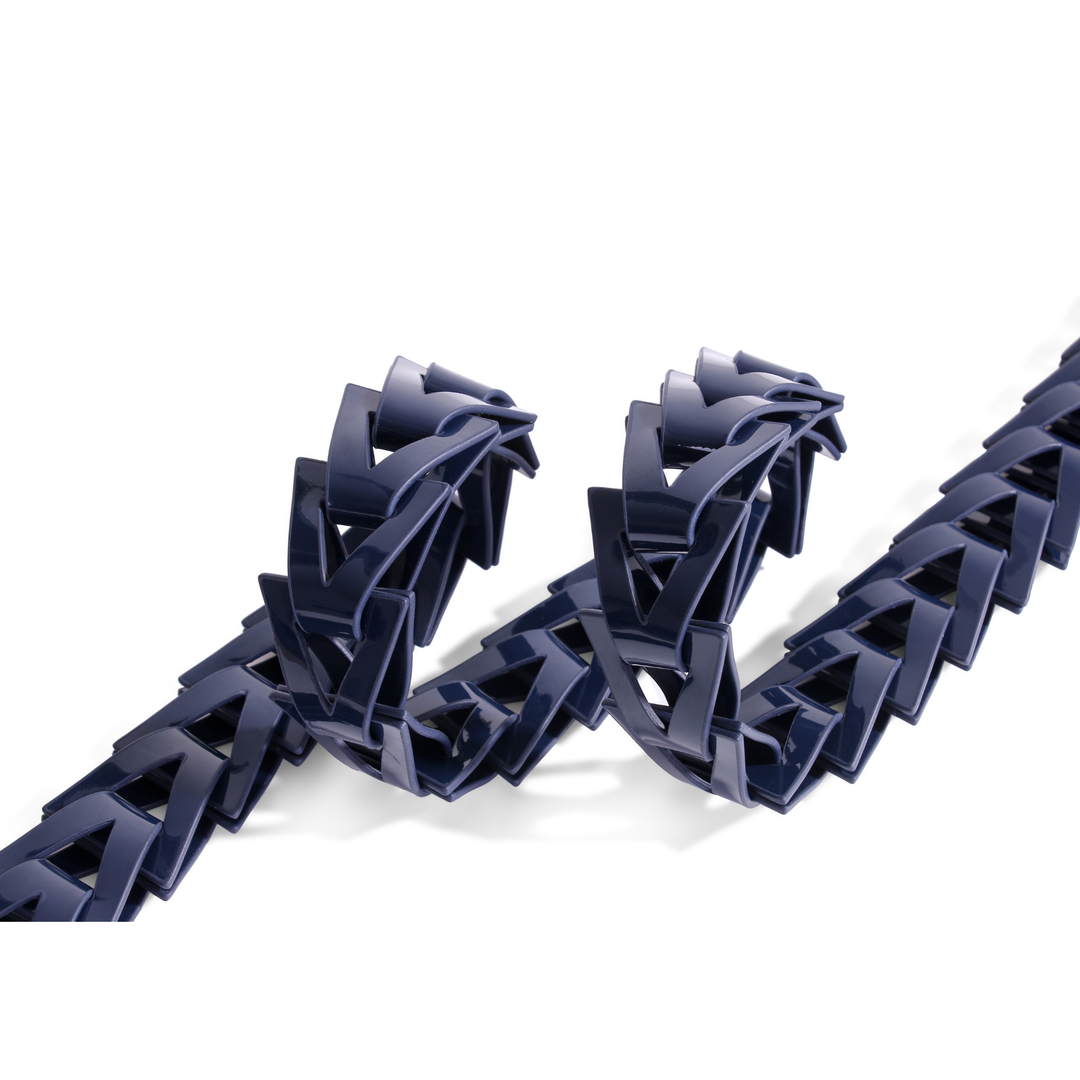 Navy triangle loop belt styled around the waist