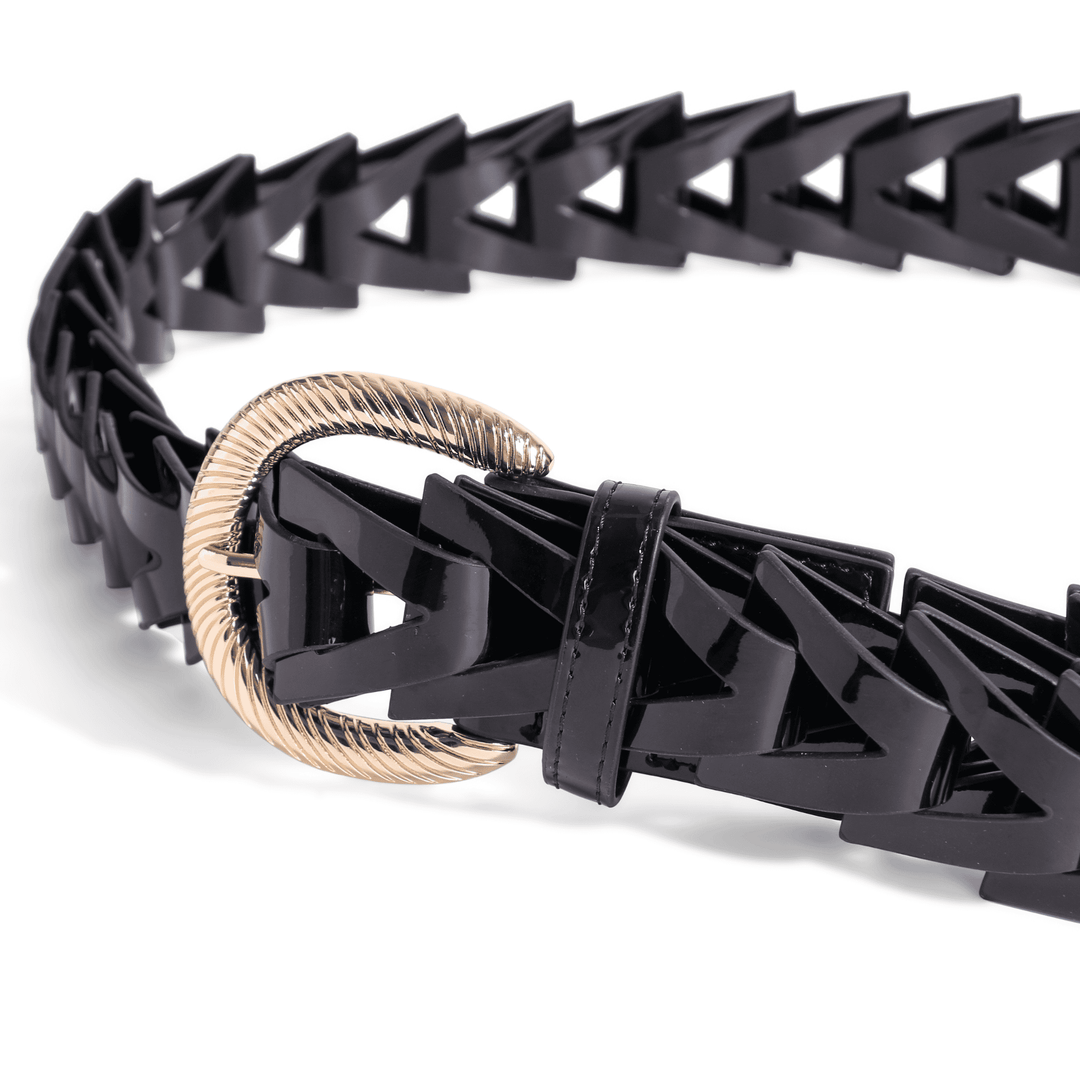 Close-up of black patent triangle-loop belt with gold hardware