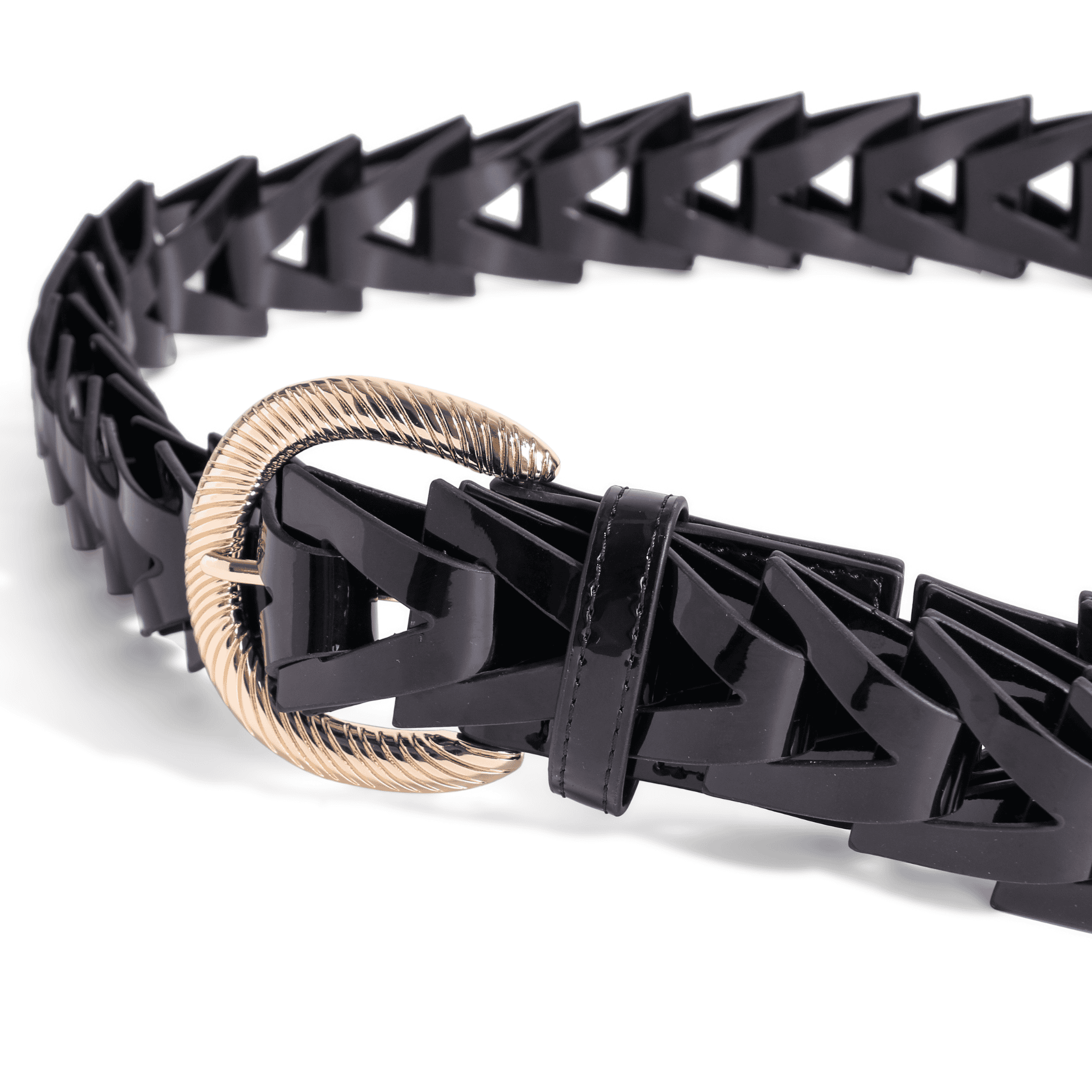 Close-up of black patent triangle-loop belt with gold hardware