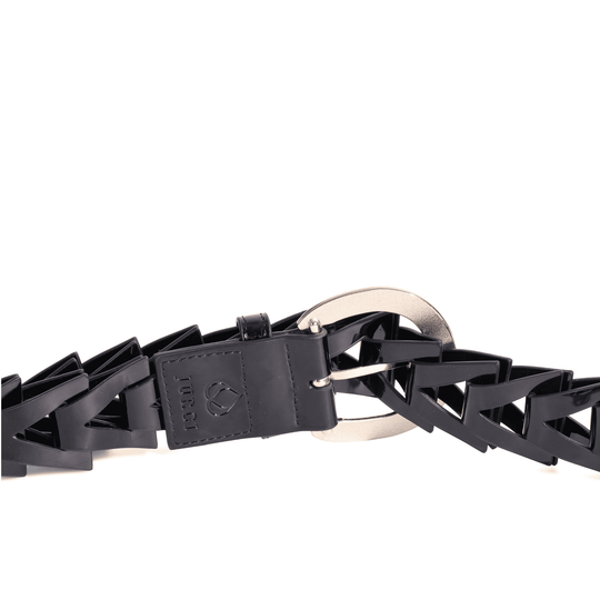 Black patent leather belt with intricate triangle weaving design