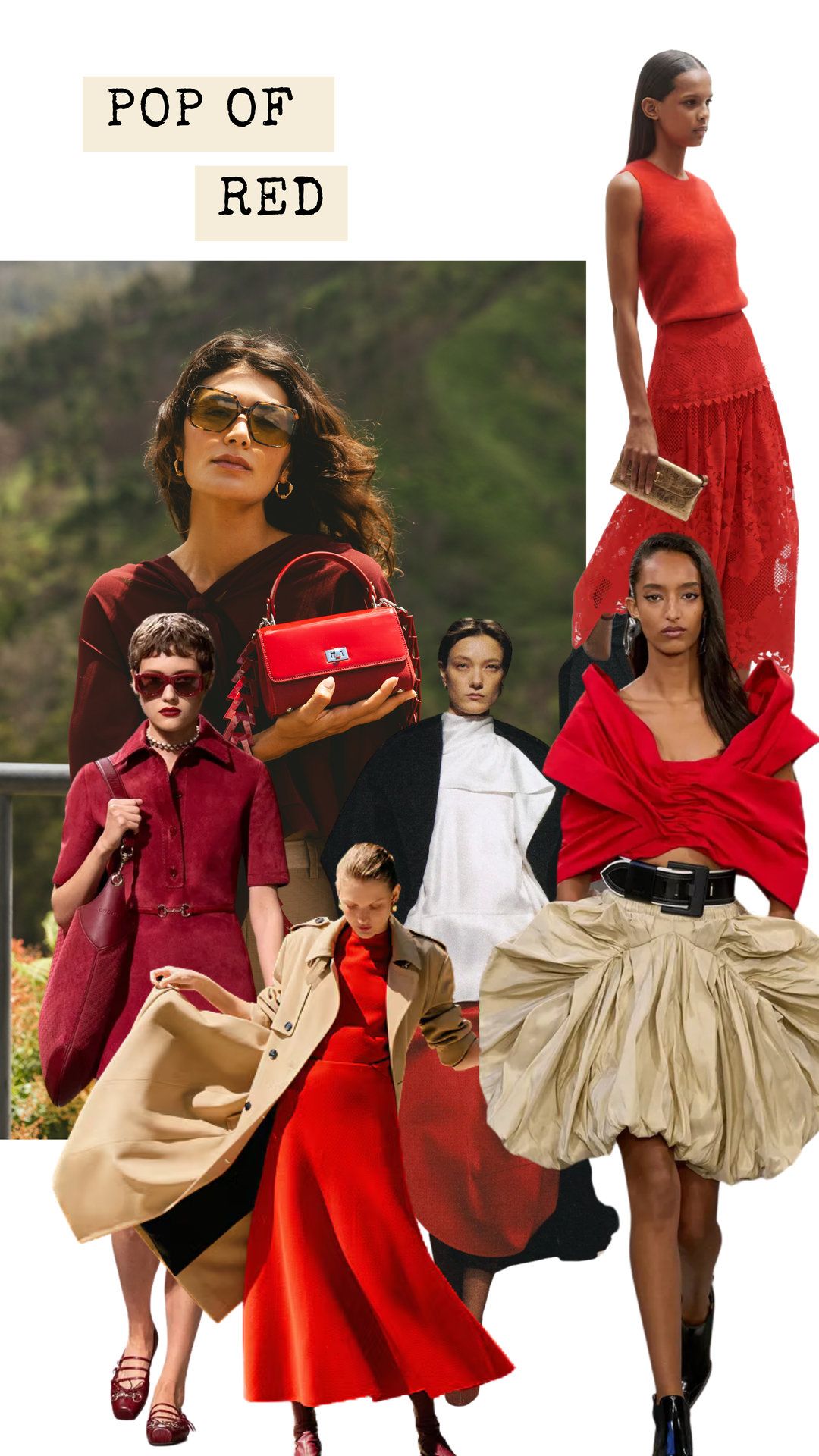 Collage of women wearing red outfits with a focus on color coordination.