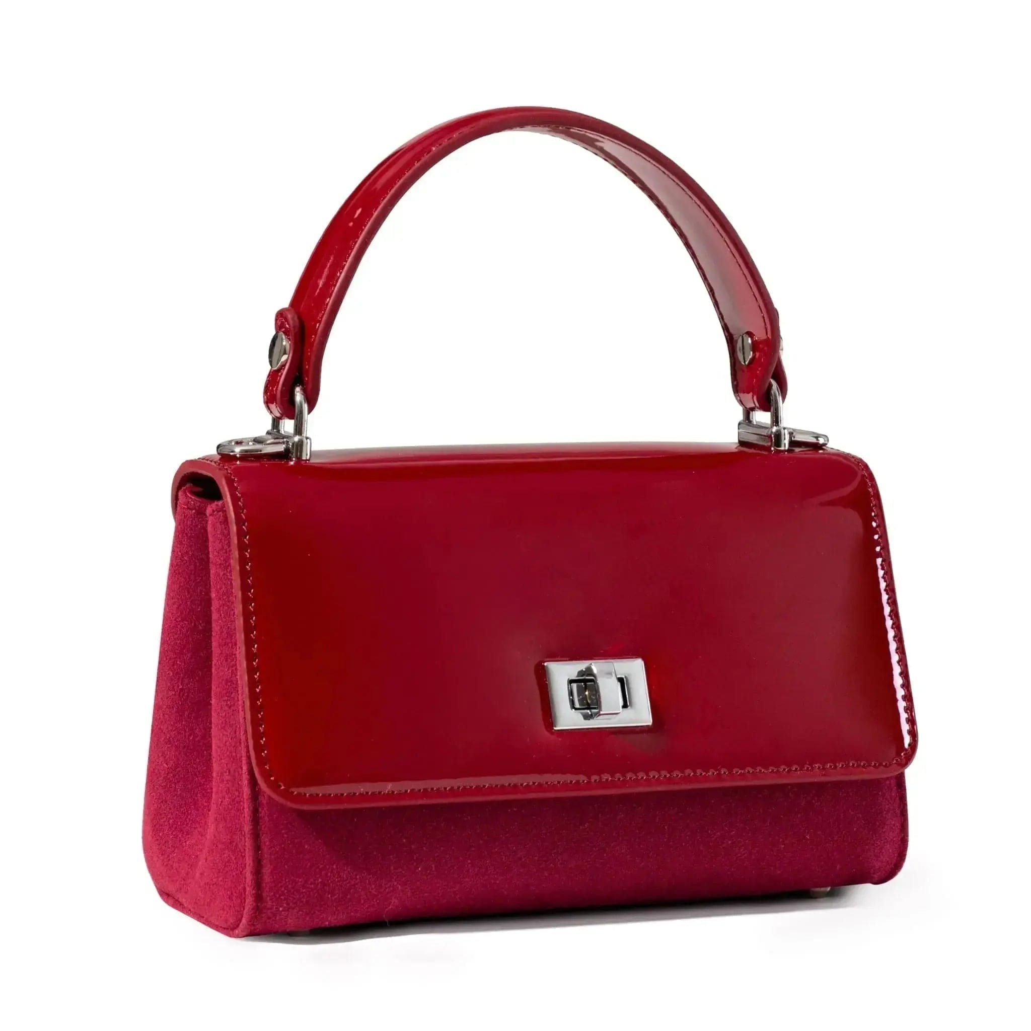Red handbag with a silver clasp on a white background