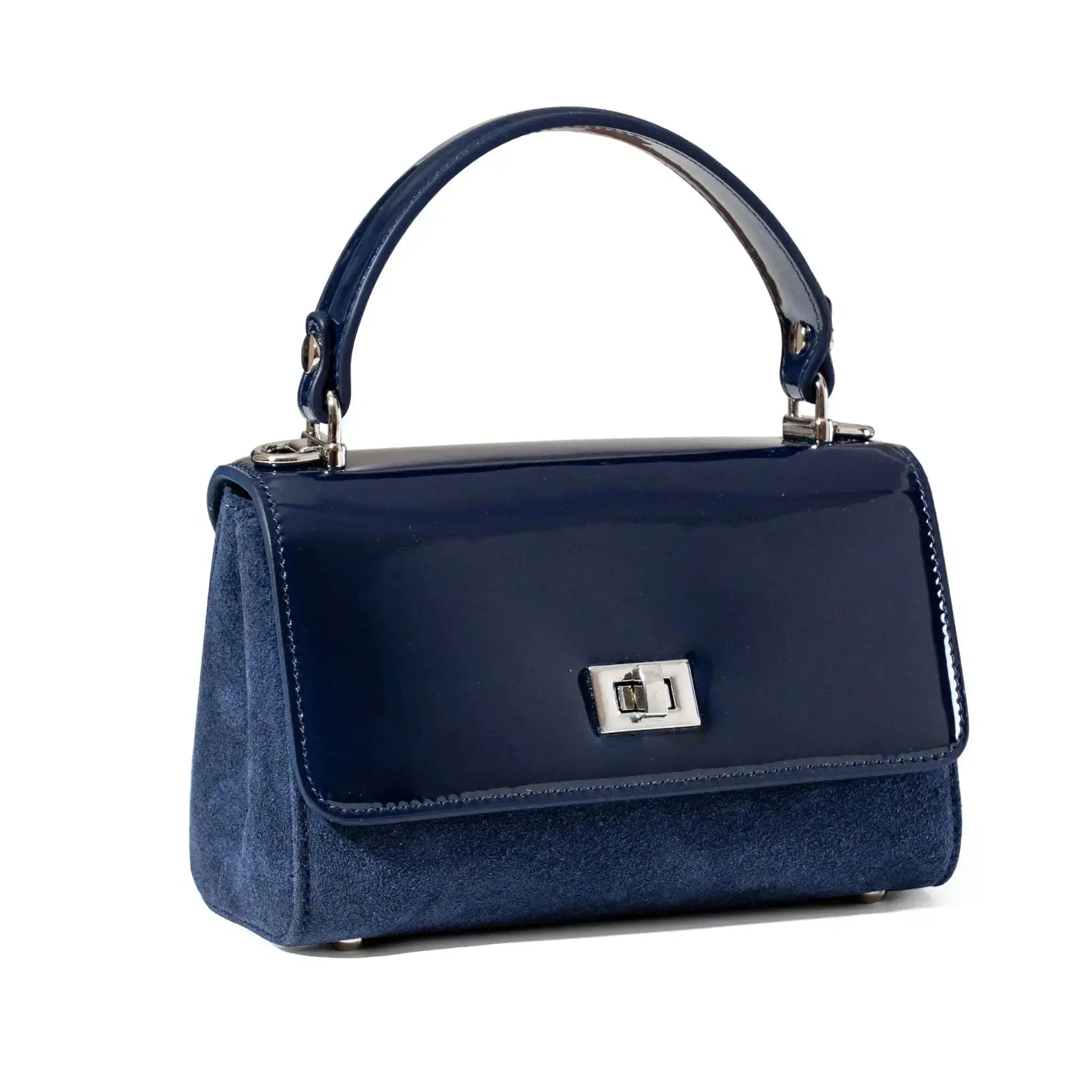 Blue handbag with a silver clasp on a white background