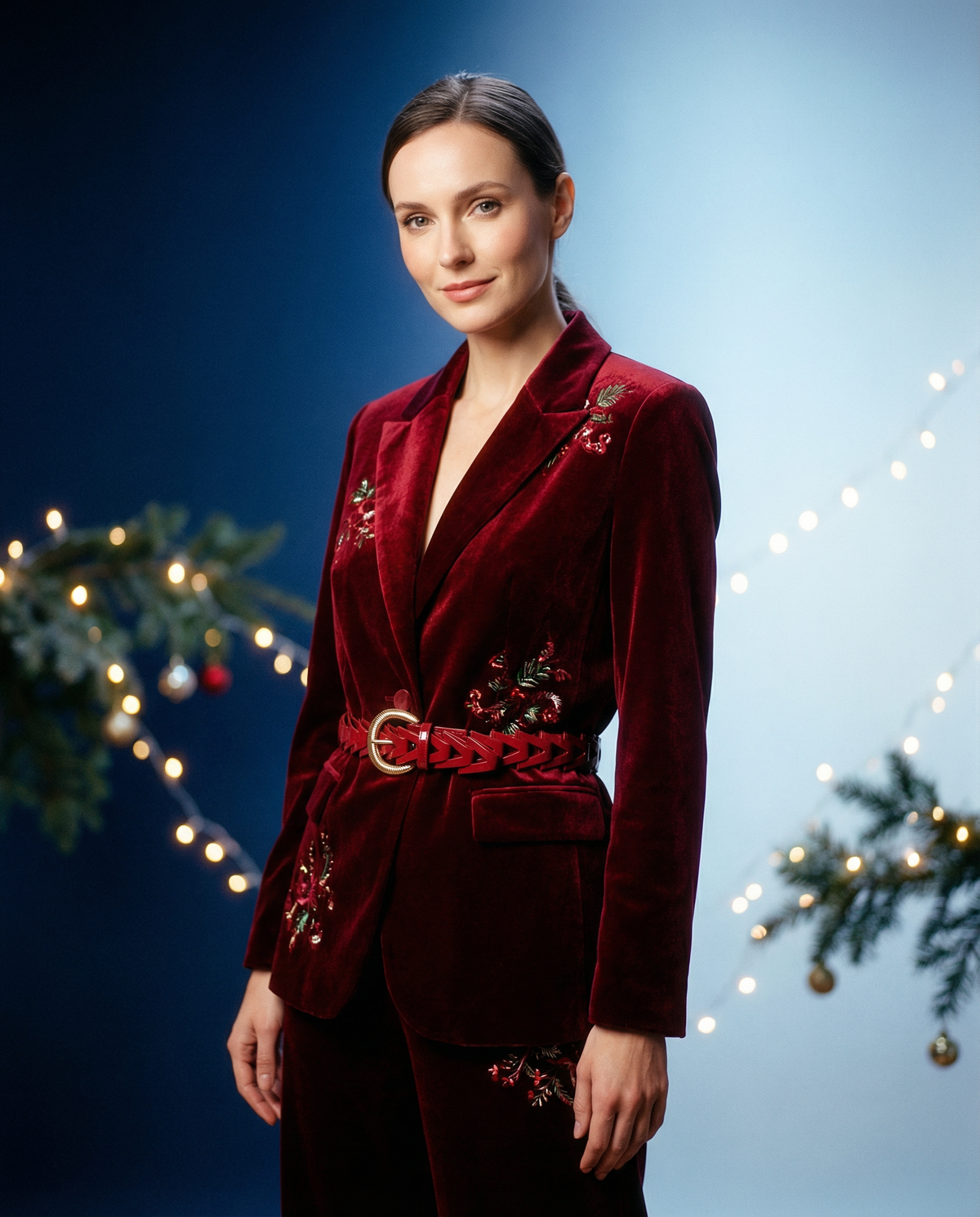 Woman wearing a red velvet suit with decorative elements against a festive background