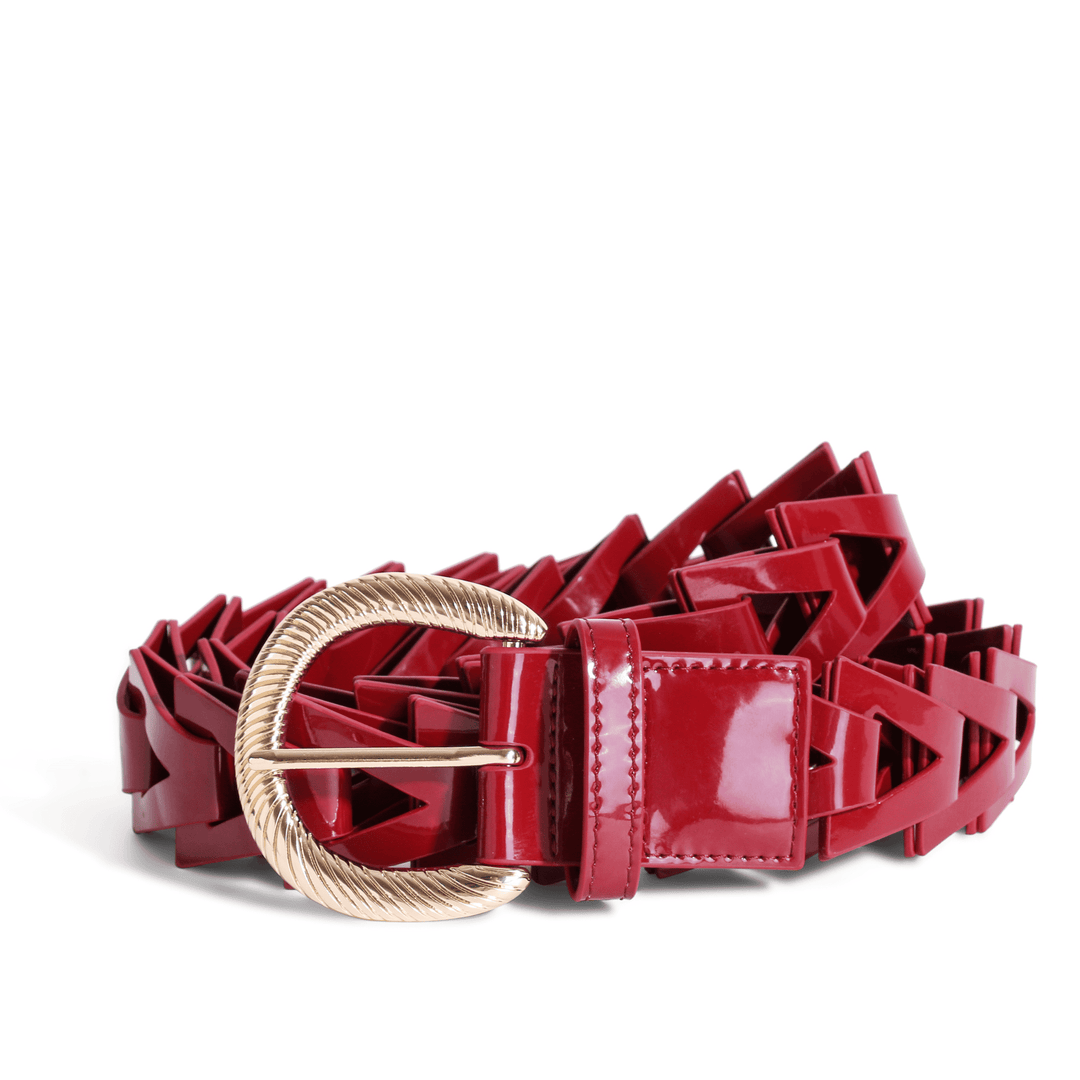 Glossy red geometric belt featuring sculpted triangle links
