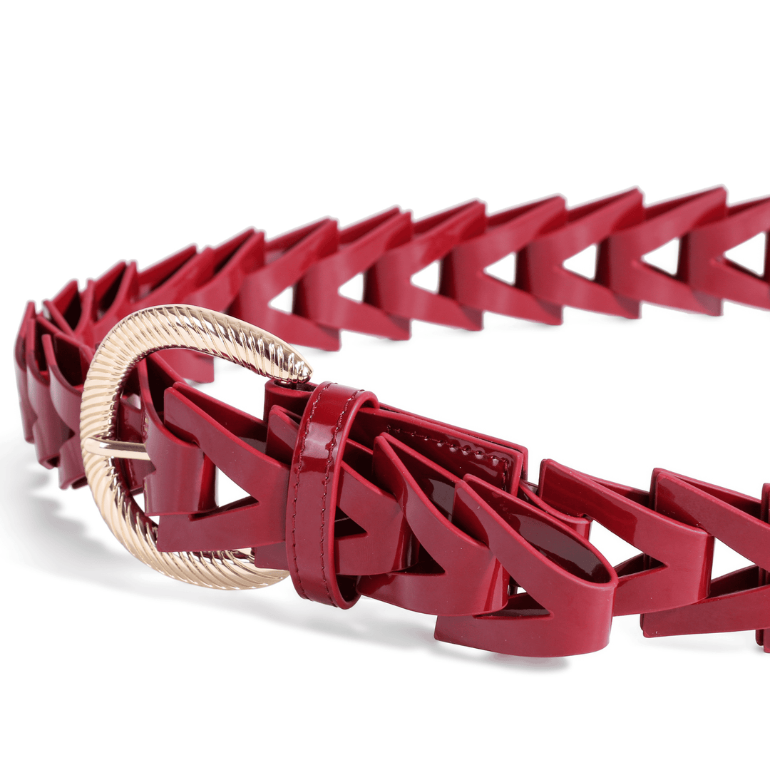 Red patent leather belt with gold curved buckle and triangle loops