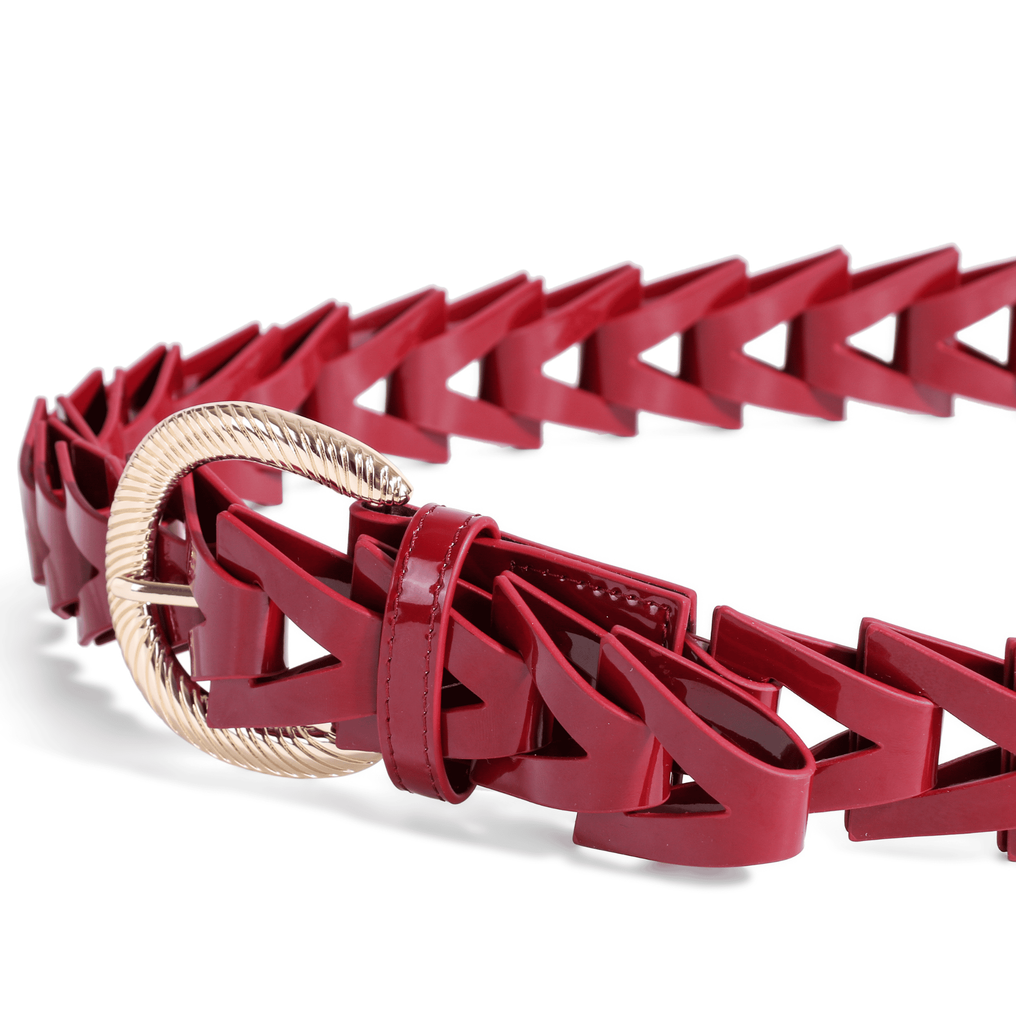 Red patent leather belt with gold curved buckle and triangle loops