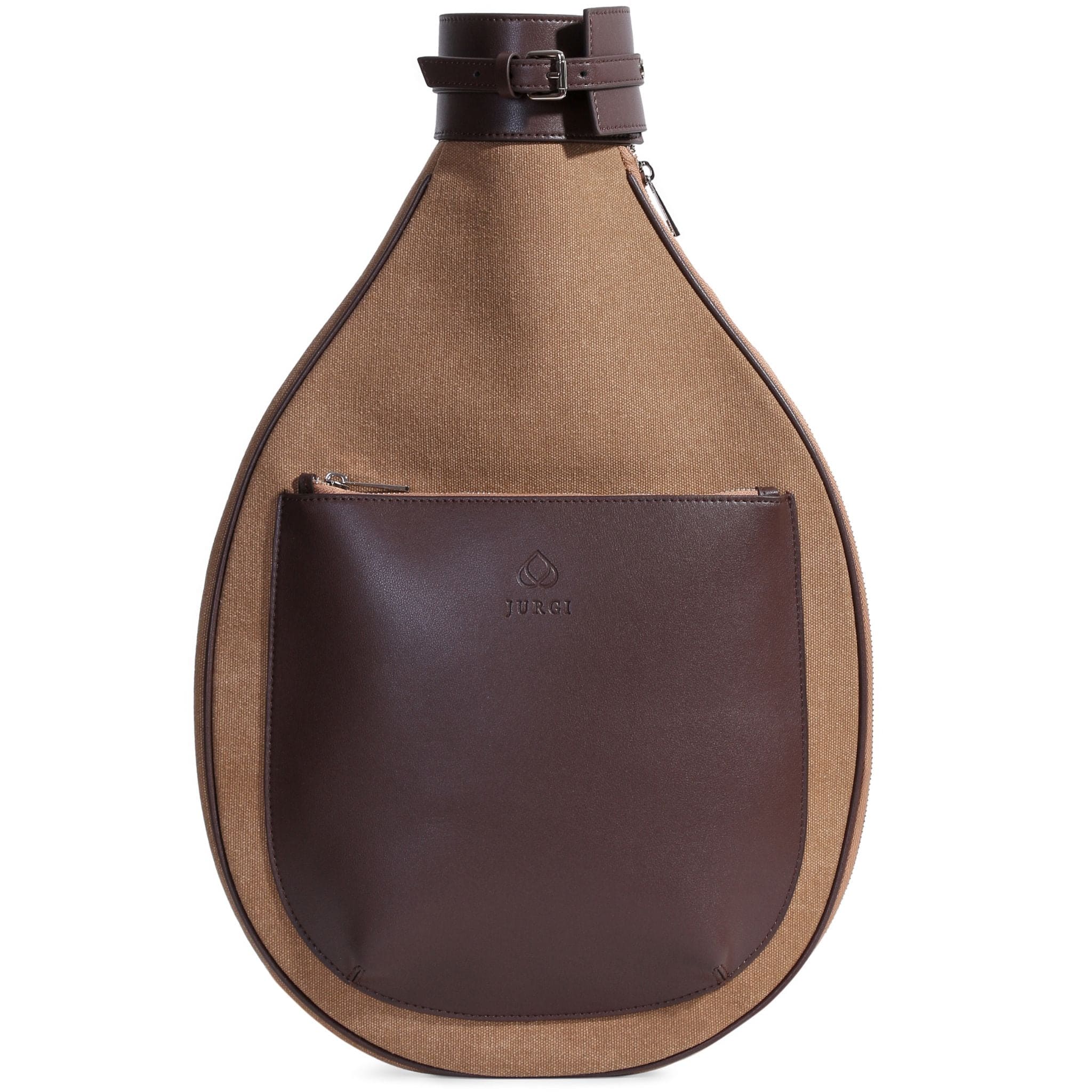 A teardrop-shaped brown canvas tennis bag with a dark brown leather front pocket, zipper, and top buckle closure. The leather pocket features a subtle embossed logo.